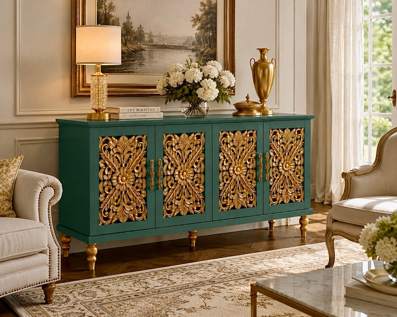 The Sanderé Imperial Bloom Cabinet | Hand-Finished Ornate Floral Accent Cabinet