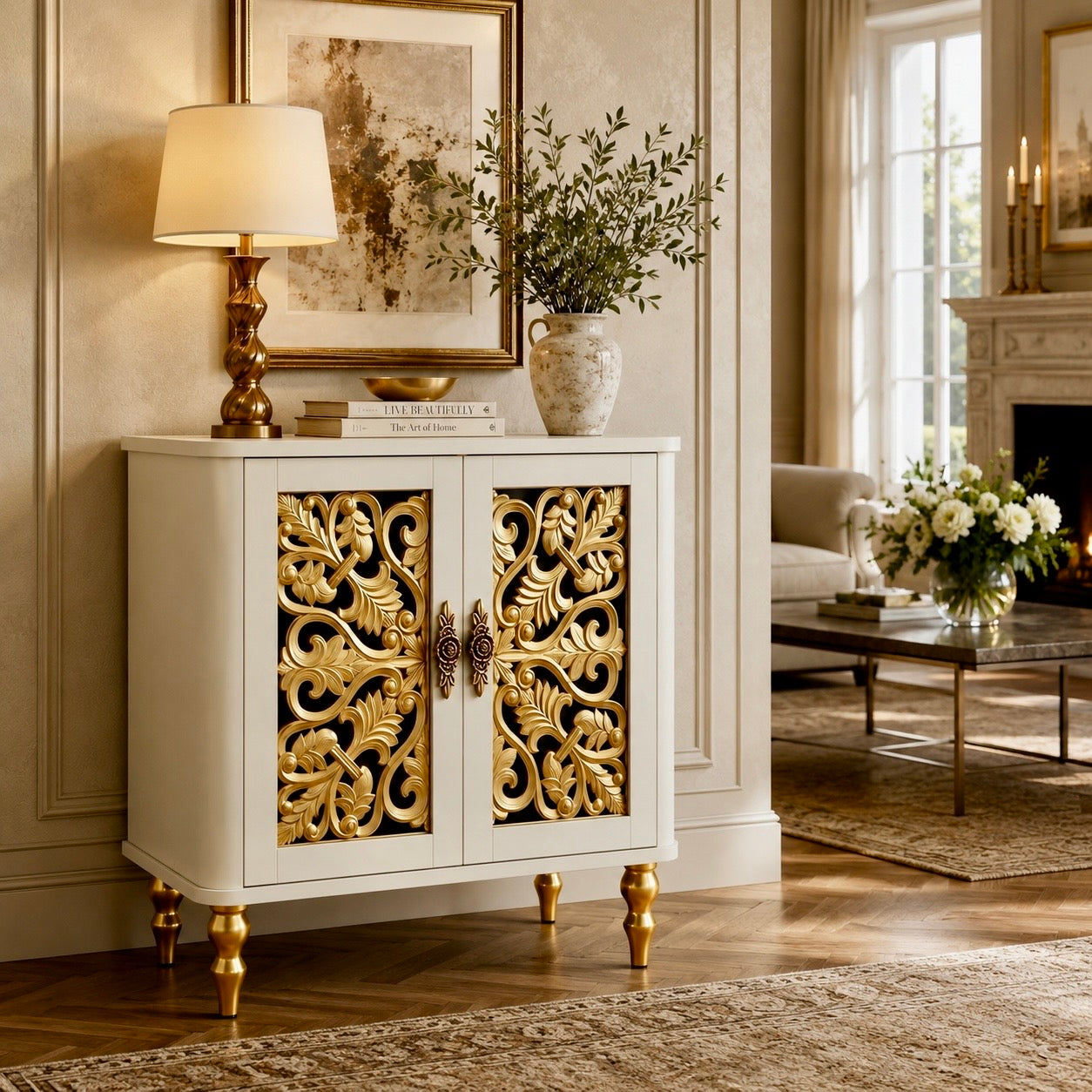 The Sanderé Floral Statement Cabinet | Hand-Finished Carved Accent Cabinet