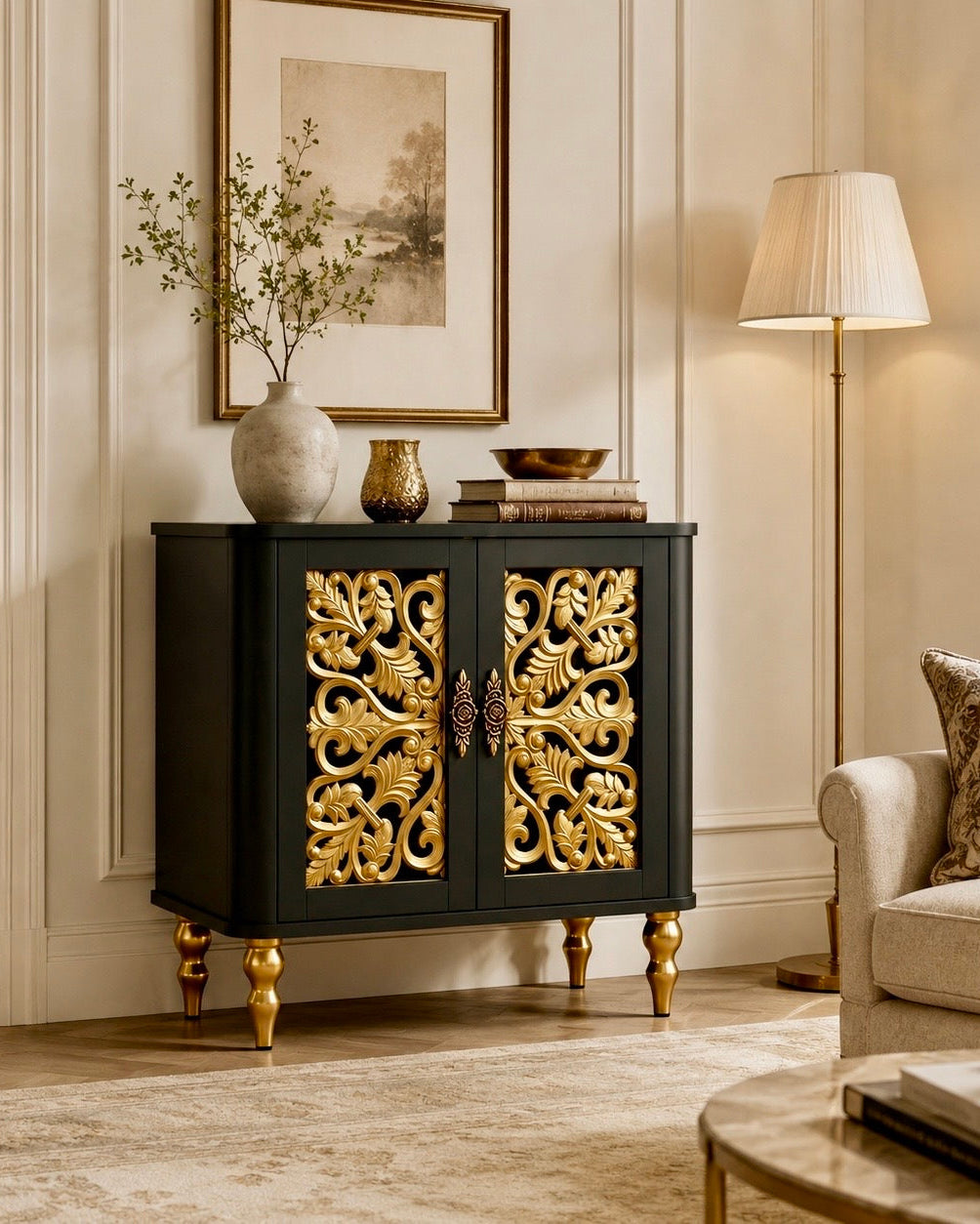 The Sanderé Floral Statement Cabinet | Hand-Finished Carved Accent Cabinet