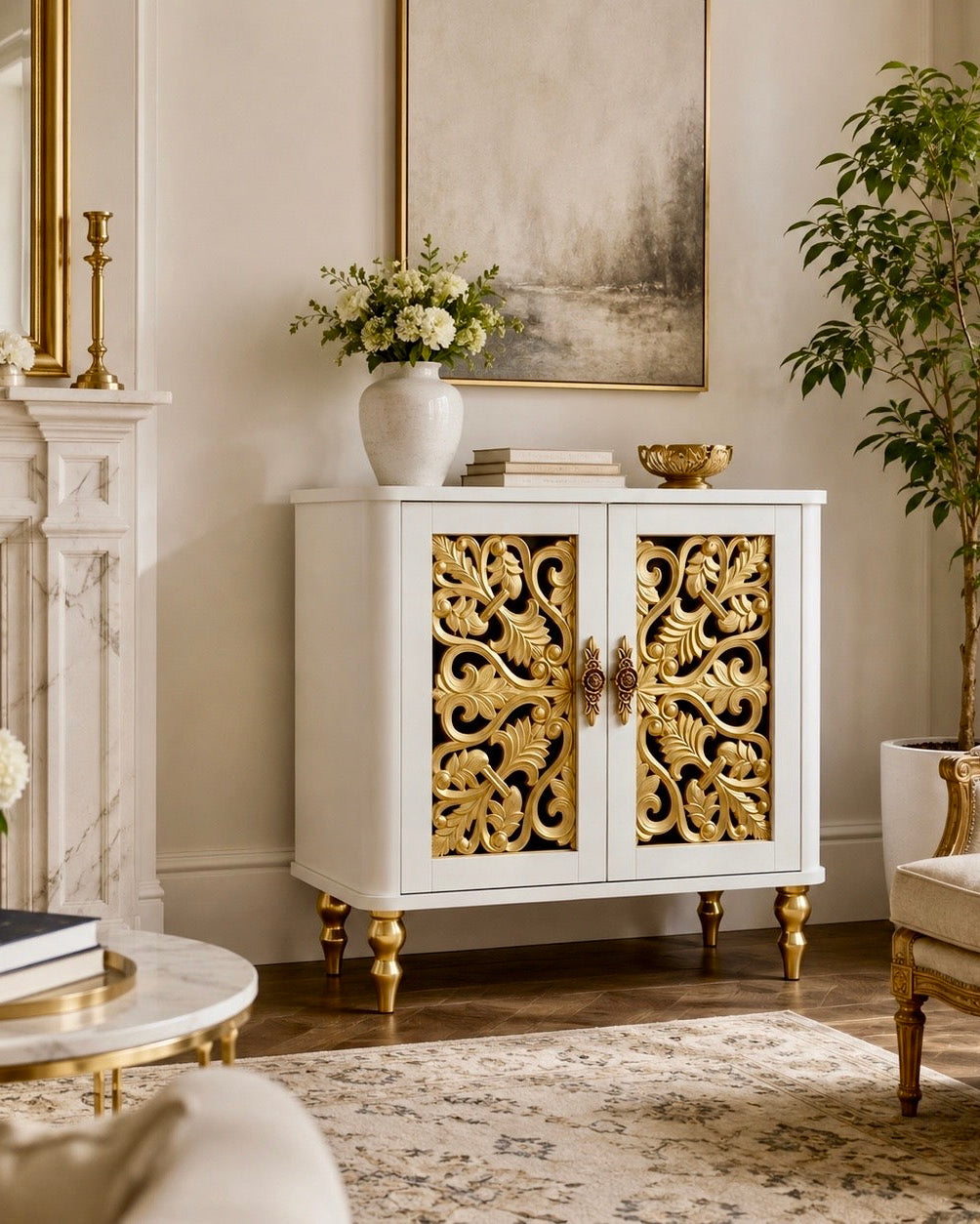 The Sanderé Floral Statement Cabinet | Hand-Finished Carved Accent Cabinet