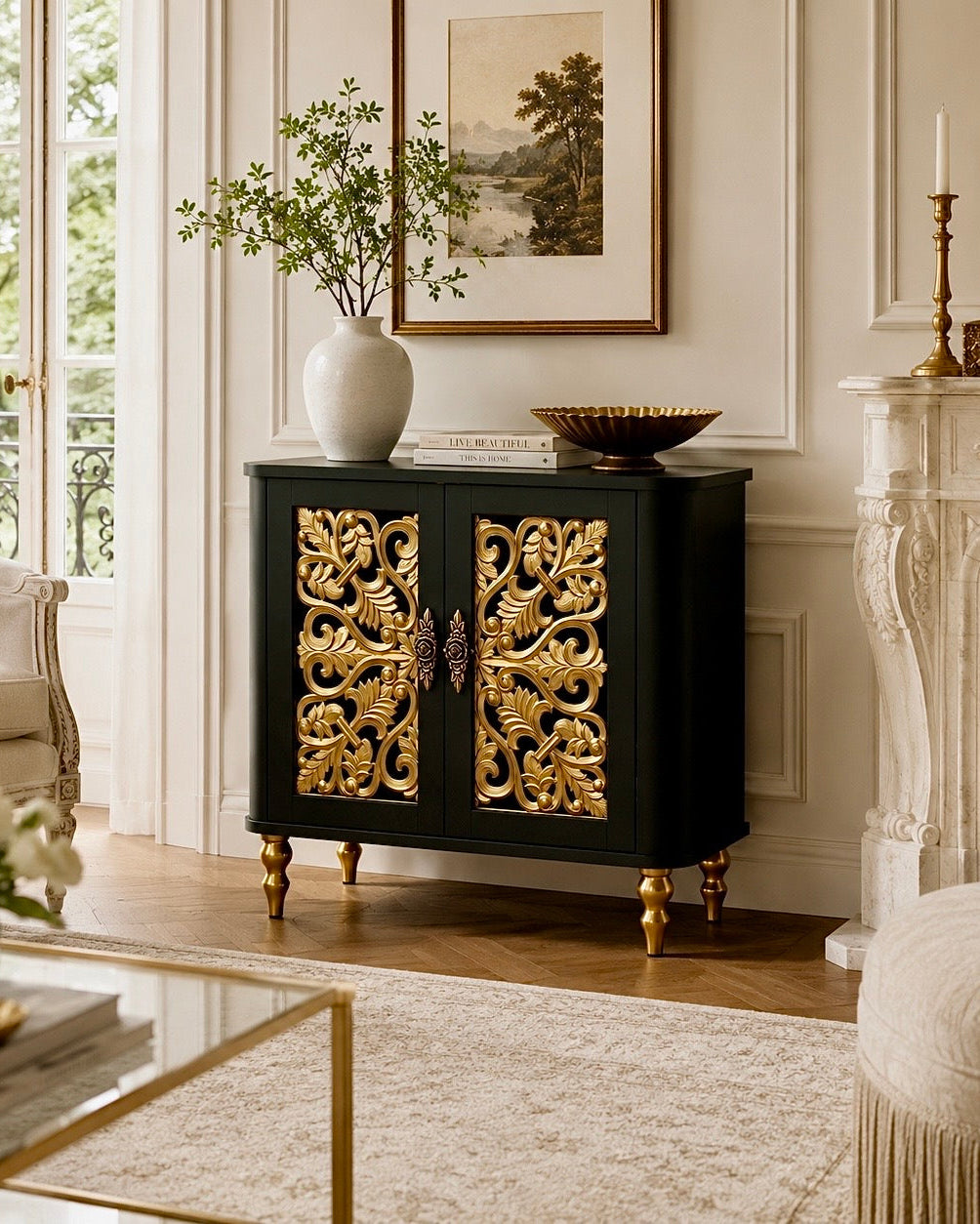 The Sanderé Arc Cabinet | Hand-Finished Carved Accent Cabinet