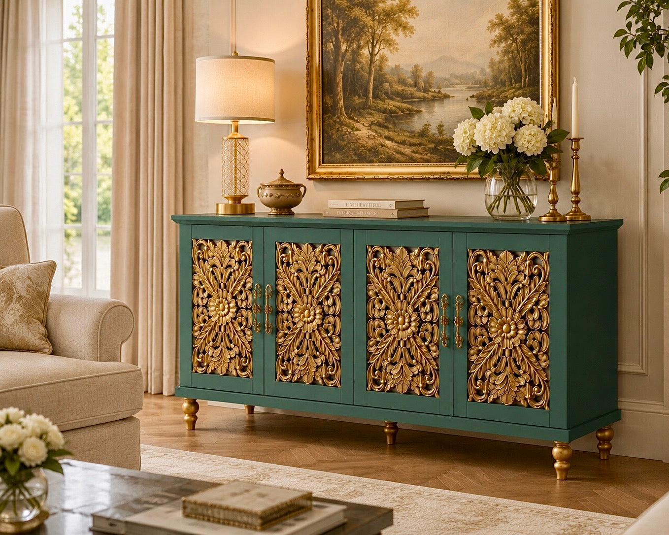 The Sanderé Imperial Bloom Cabinet | Hand-Finished Ornate Floral Accent Cabinet