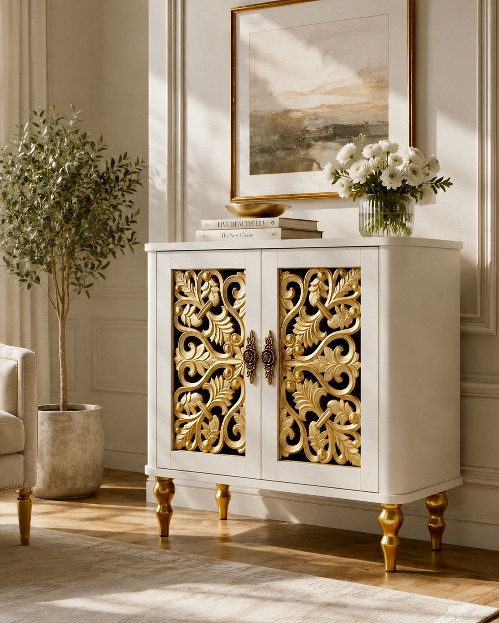 The Sanderé Arc Cabinet | Hand-Finished Carved Accent Cabinet