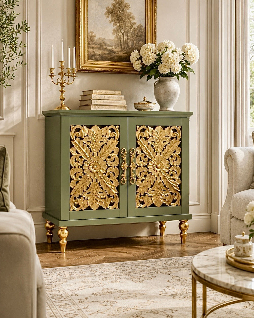 The Sanderé Bloomé Cabinet | Hand-Finished Hollow Carved Accent Cabinet