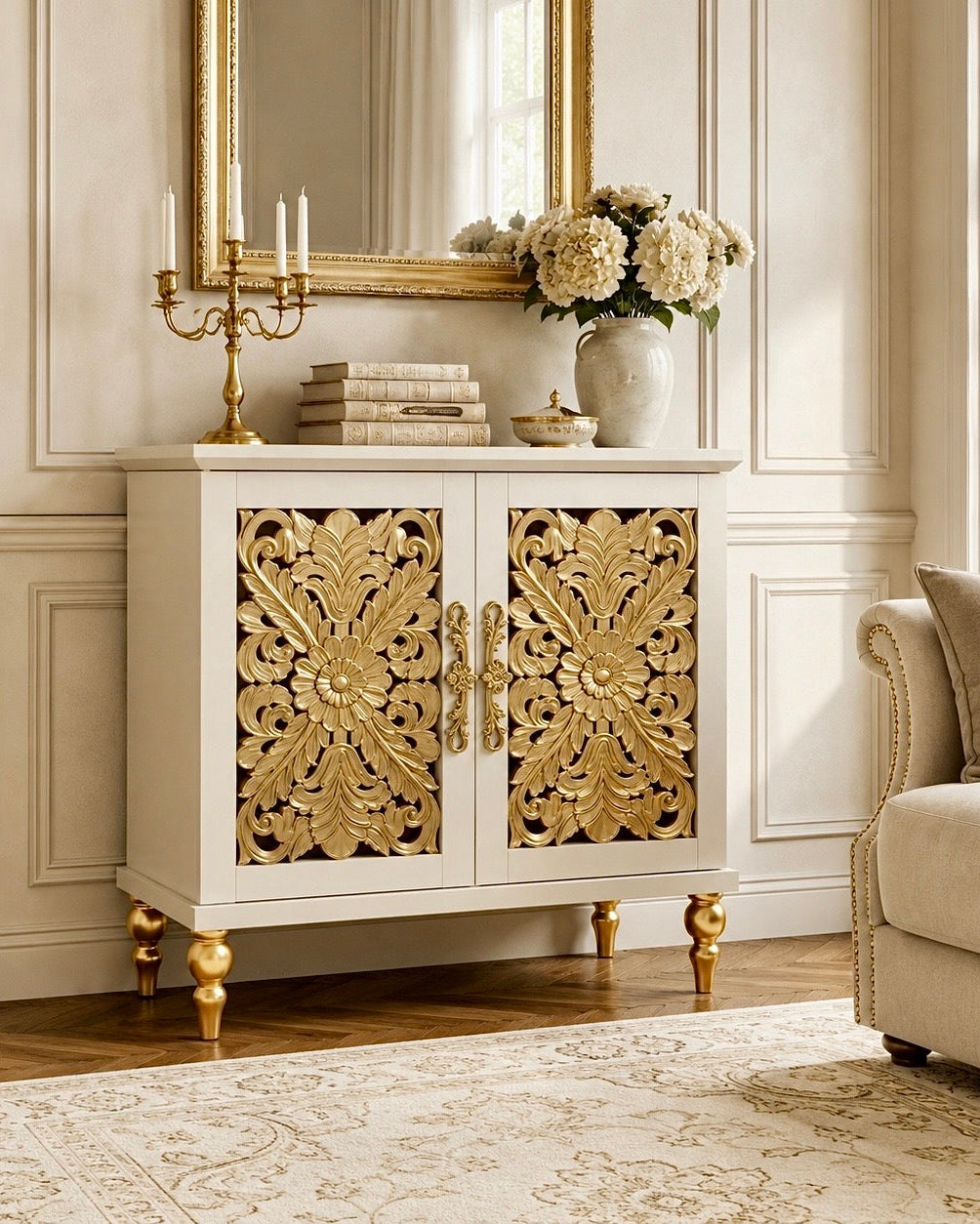 The Sanderé Bloomé Cabinet | Hand-Finished Hollow Carved Accent Cabinet