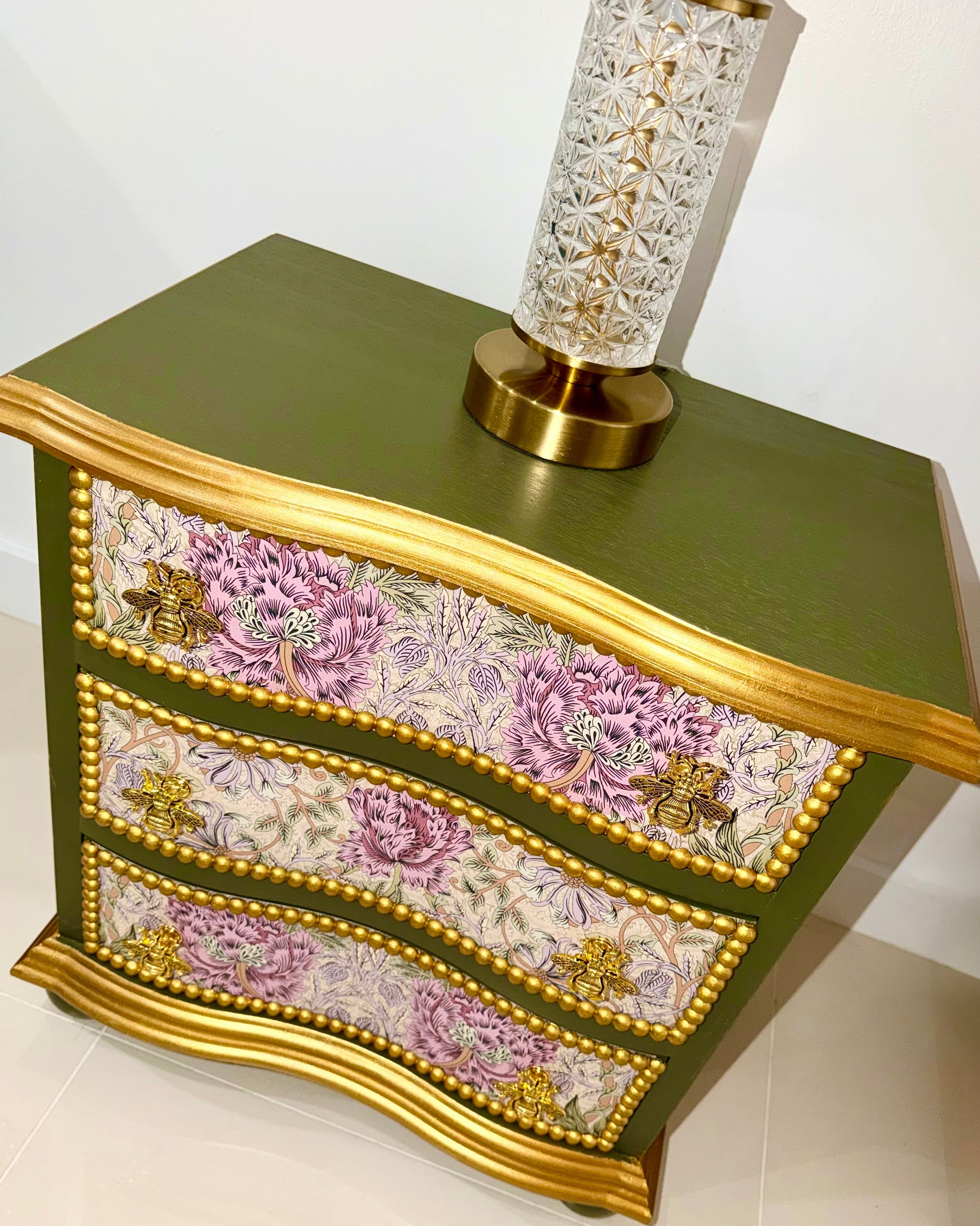 The Sanderé Honeywing Nightstand | Hand-Finished Three-Drawer Bedside Table