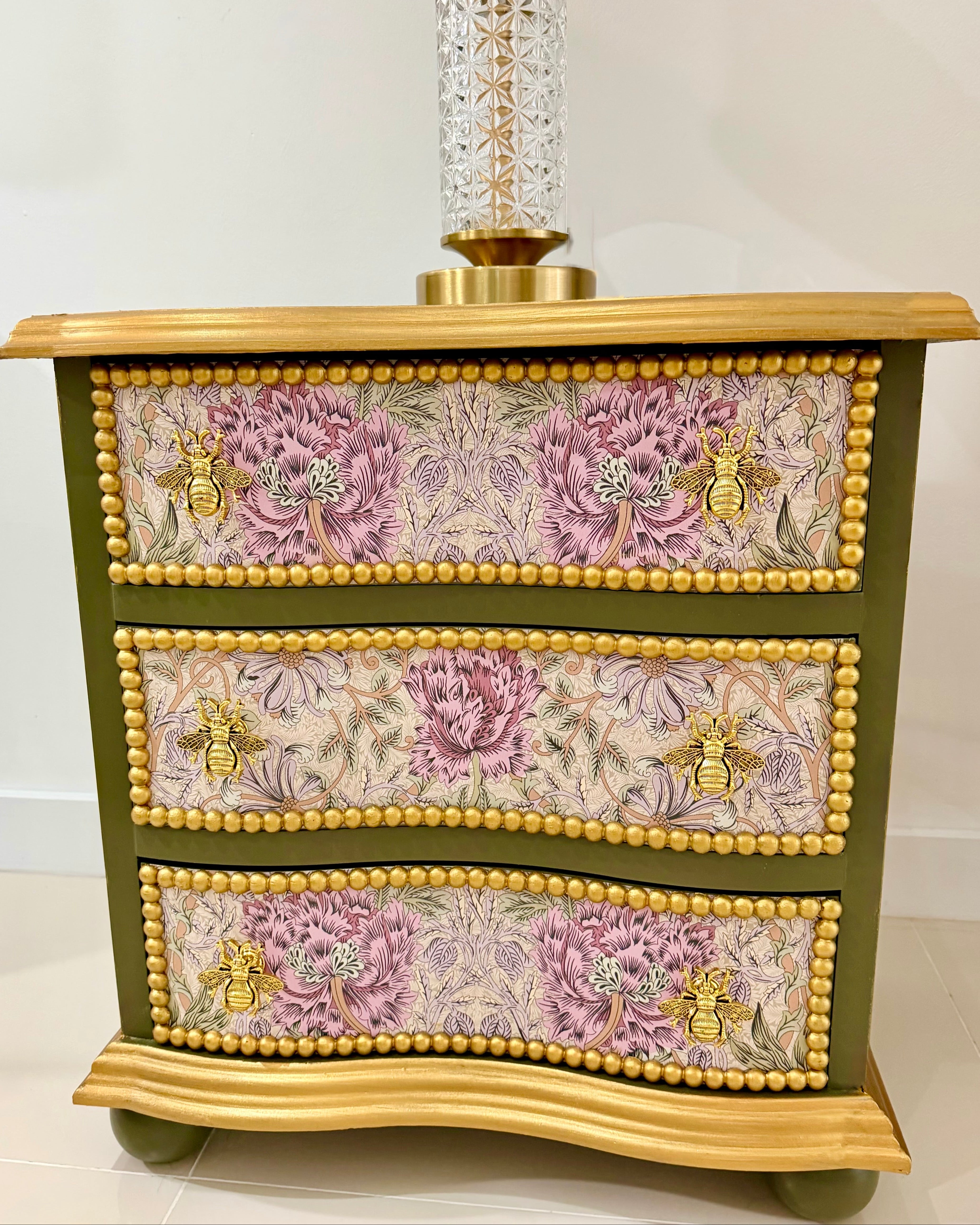 The Sanderé Honeywing Nightstand | Hand-Finished Three-Drawer Bedside Table