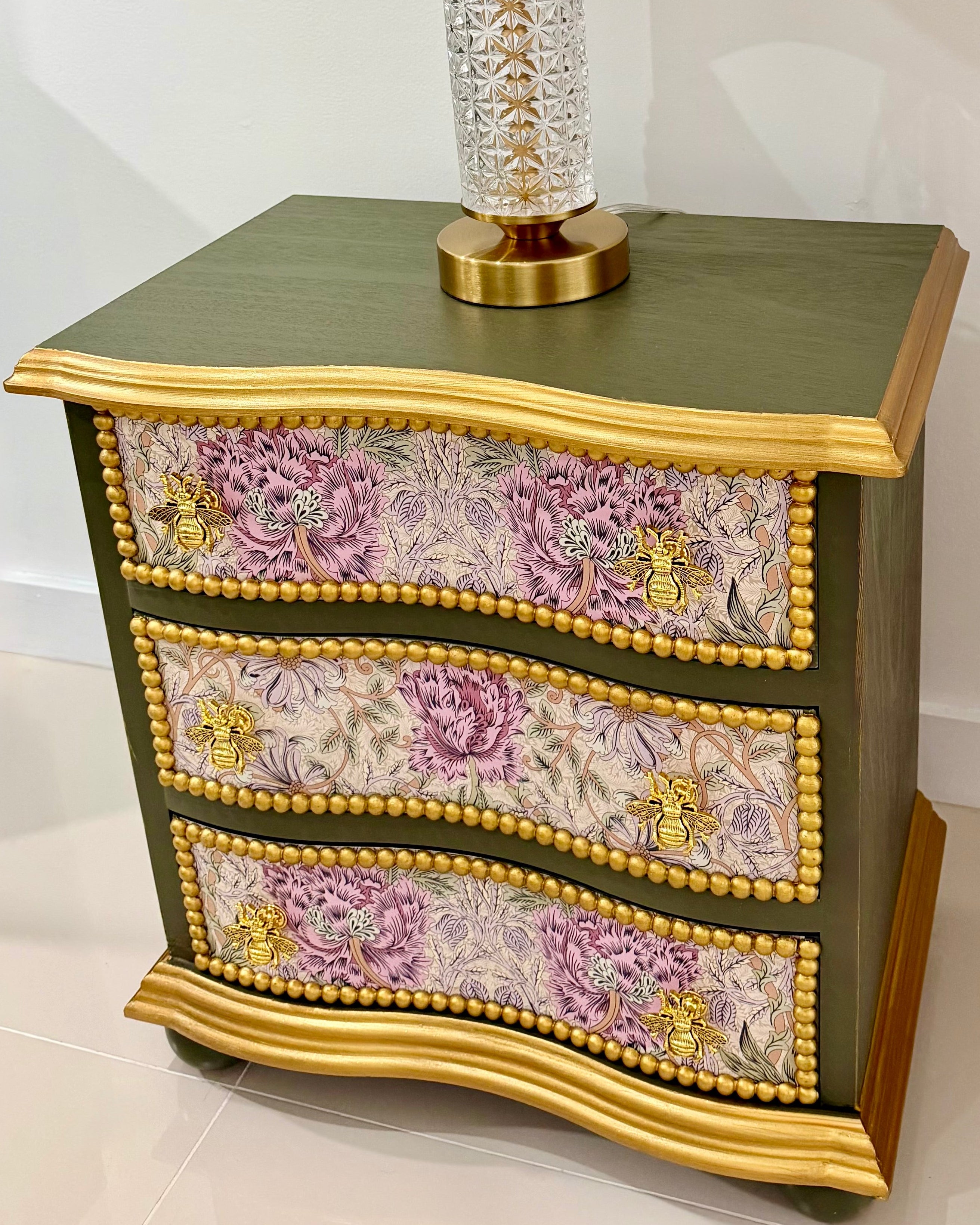 The Sanderé Honeywing Nightstand | Hand-Finished Three-Drawer Bedside Table
