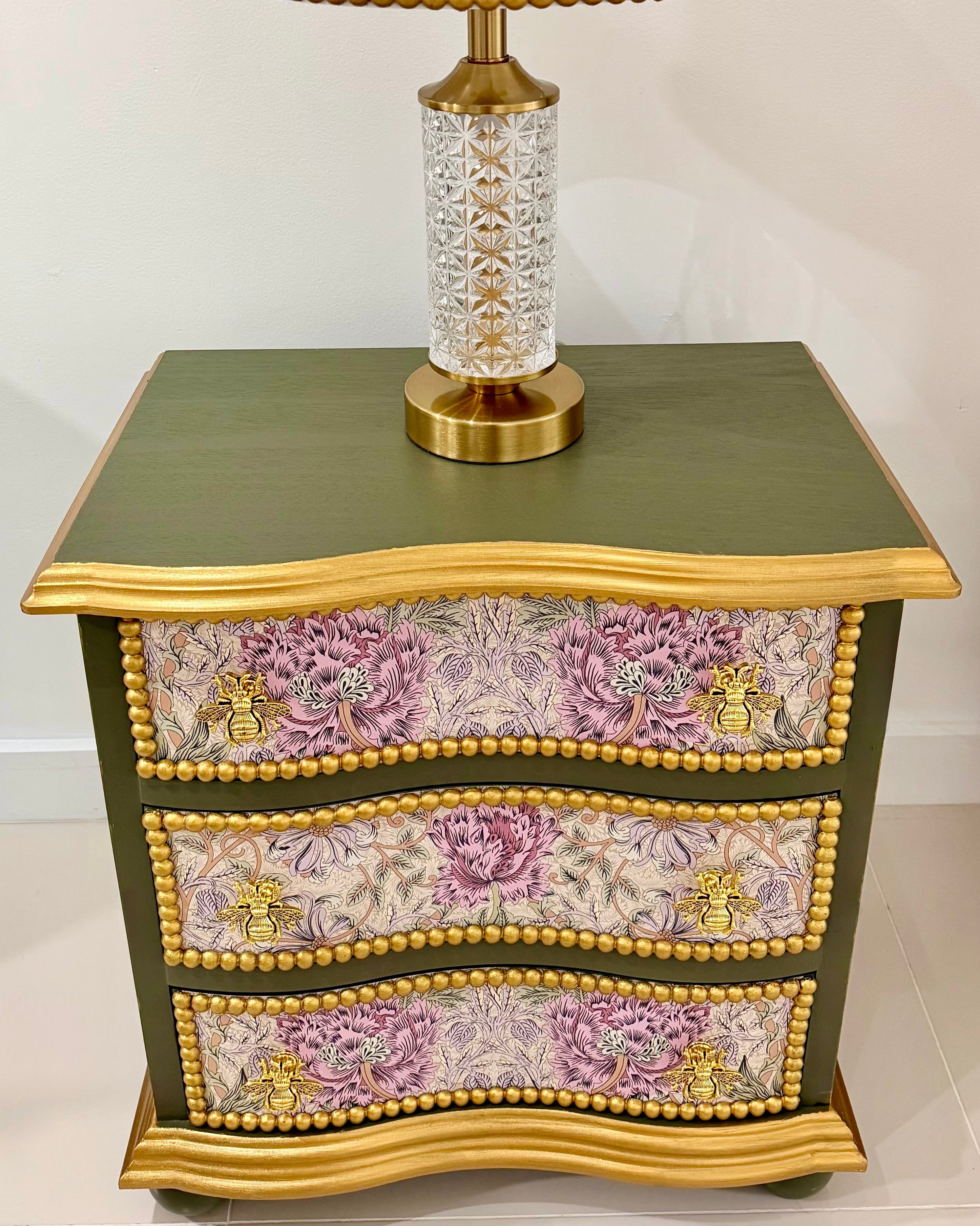 The Sanderé Honeywing Nightstand | Hand-Finished Three-Drawer Bedside Table