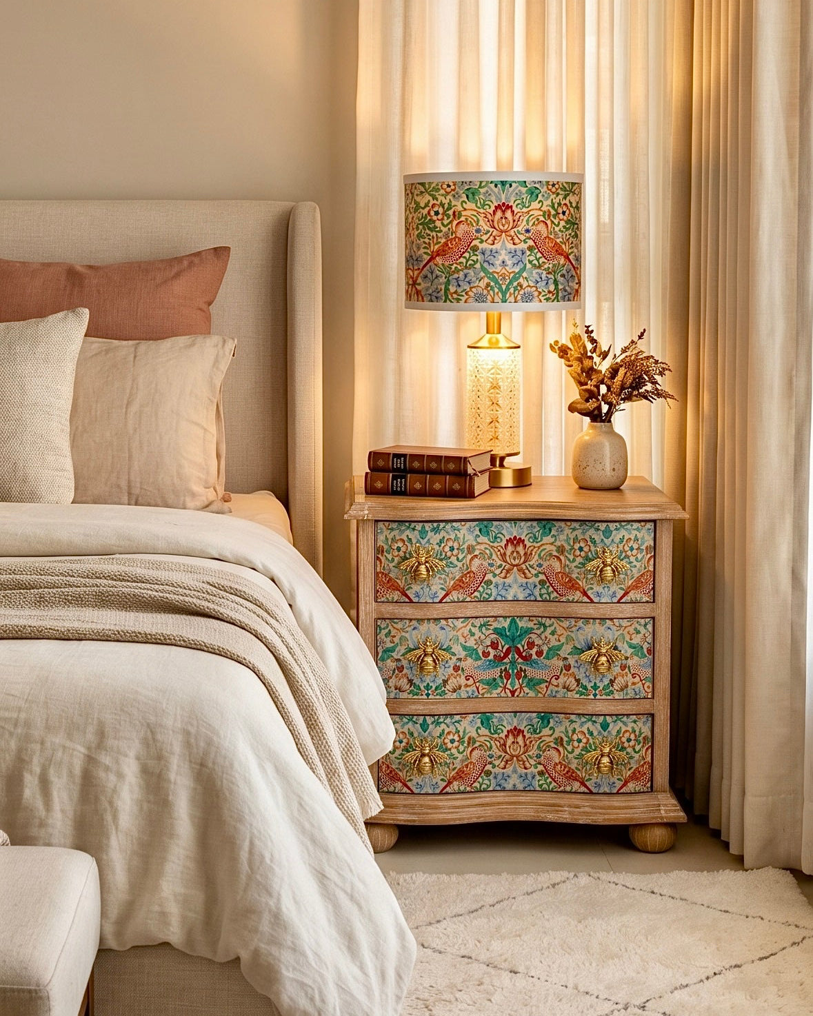 The Sanderé Bloomwing Nightstand | Hand-Finished Three-Drawer Bedside Table