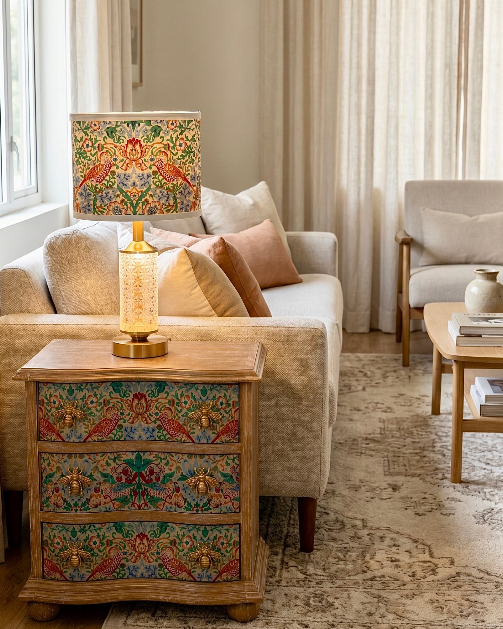 The Sanderé Garden Finch Nightstand | Hand-Finished Three-Drawer Bedside Table