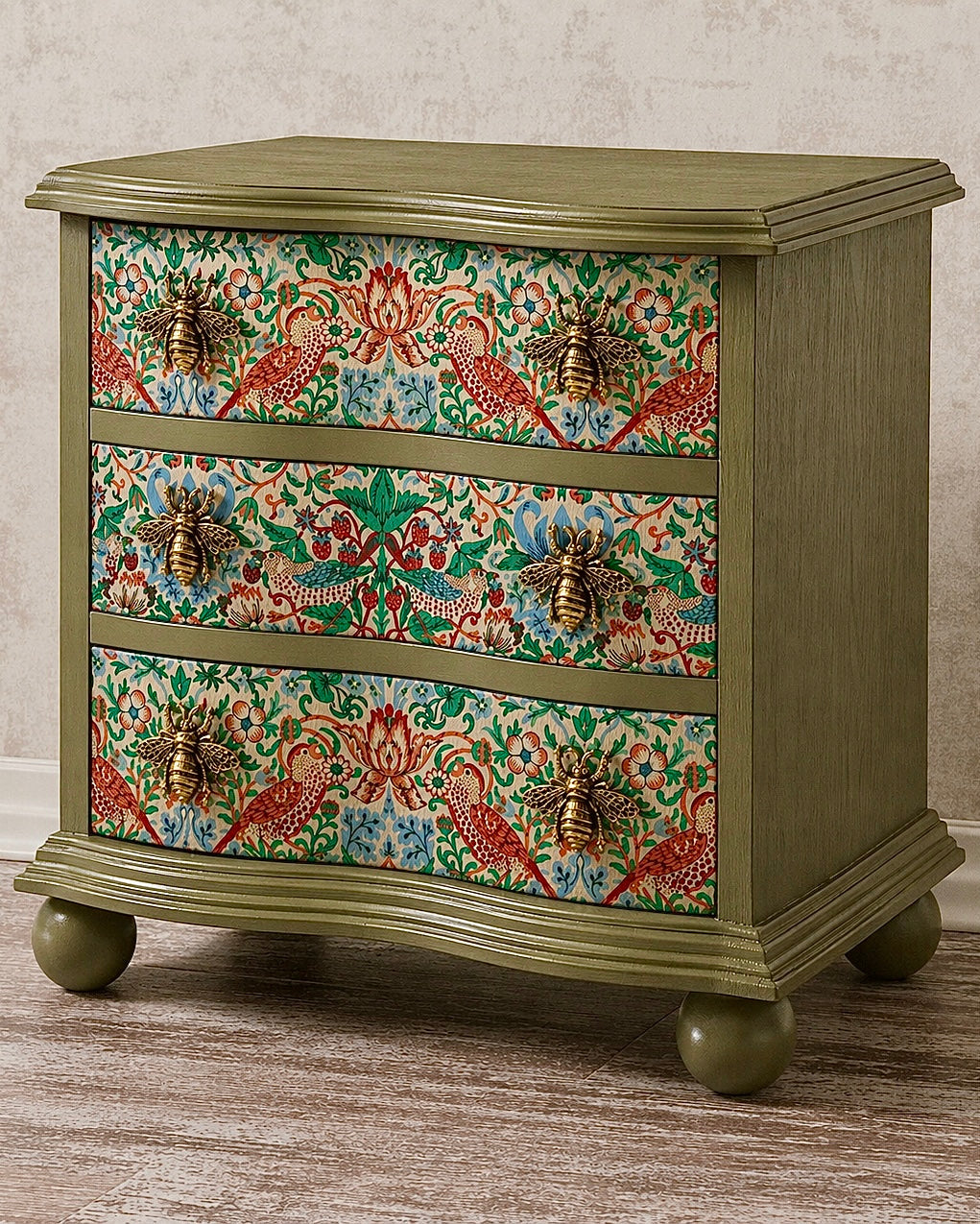 The Sanderé Bloomwing Nightstand | Hand-Finished Three-Drawer Bedside Table