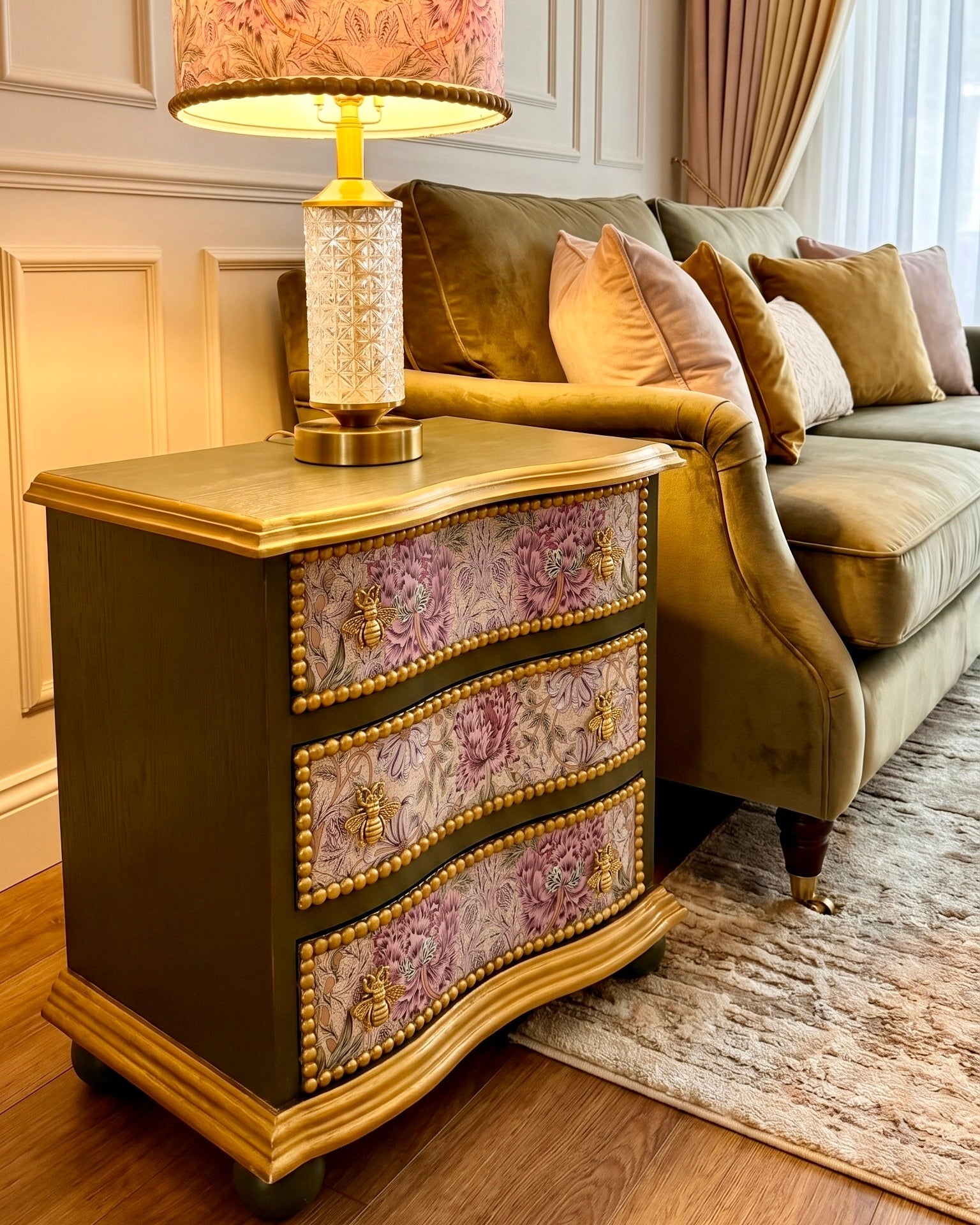 The Sanderé Honeywing Nightstand | Hand-Finished Three-Drawer Bedside Table