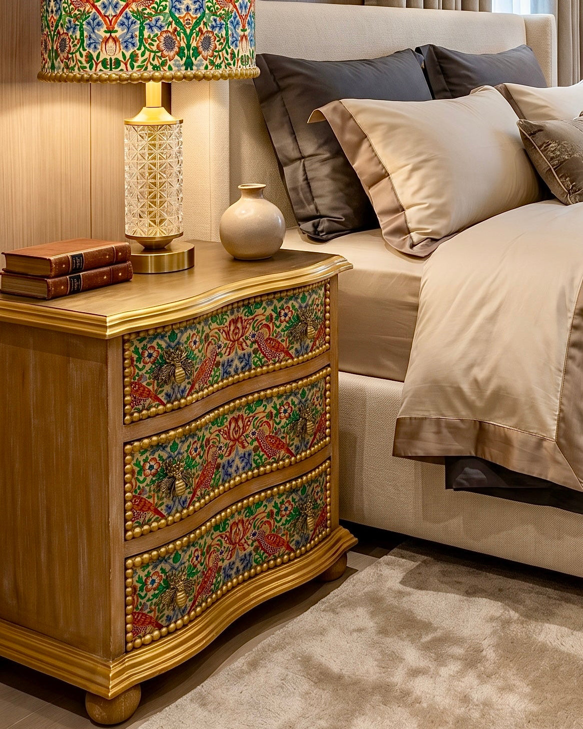 The Sanderé Goldenwing Nightstand | Hand-Finished Three-Drawer Bedside Table