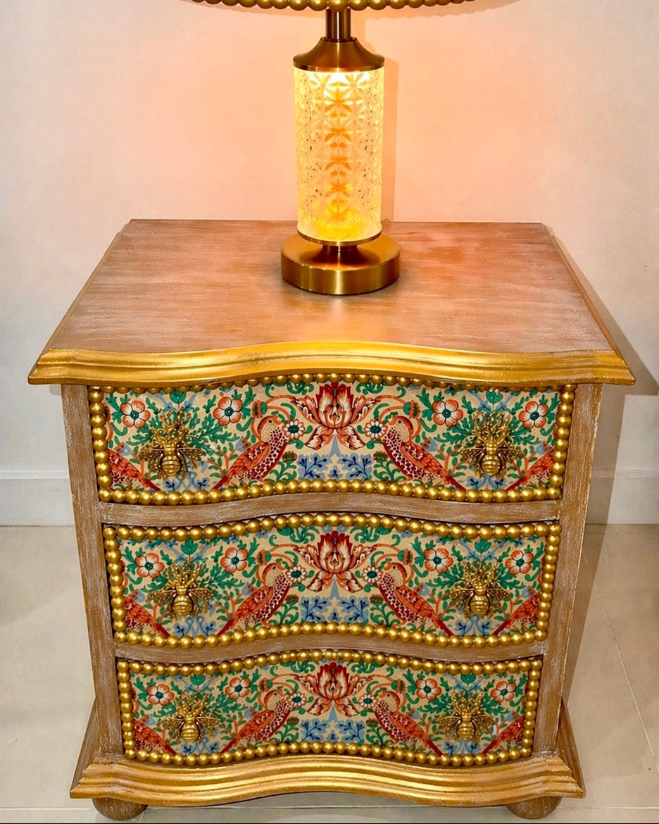 The Sanderé Goldenwing Nightstand | Hand-Finished Three-Drawer Bedside Table