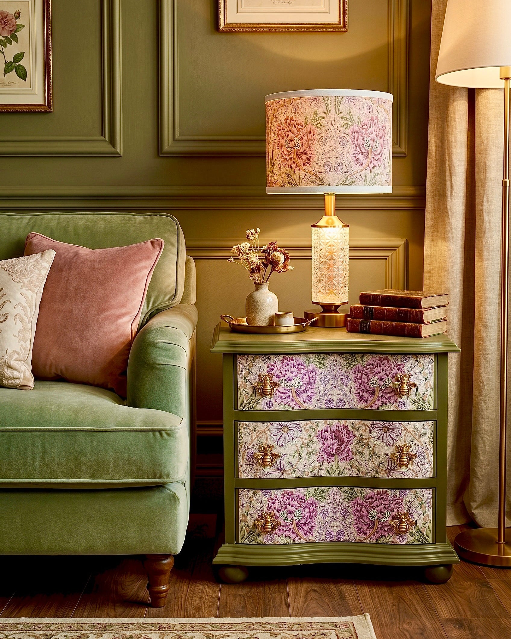 The Sanderé Vintage Bloom Nightstand | Hand-Finished Three-Drawer Bedside Table