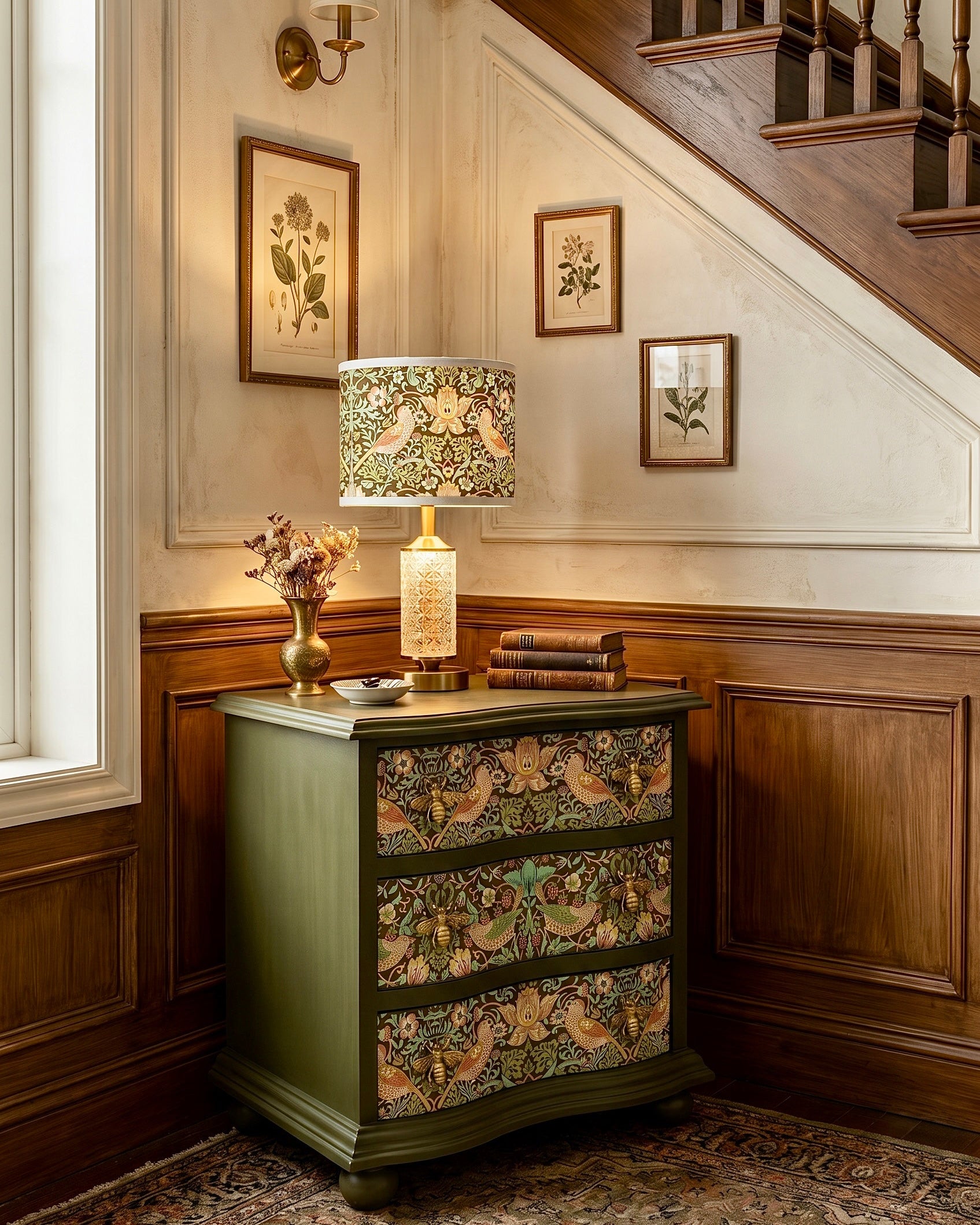 The Sanderé Botanical Bird Nightstand | Hand-Finished Three-Drawer Bedside Table