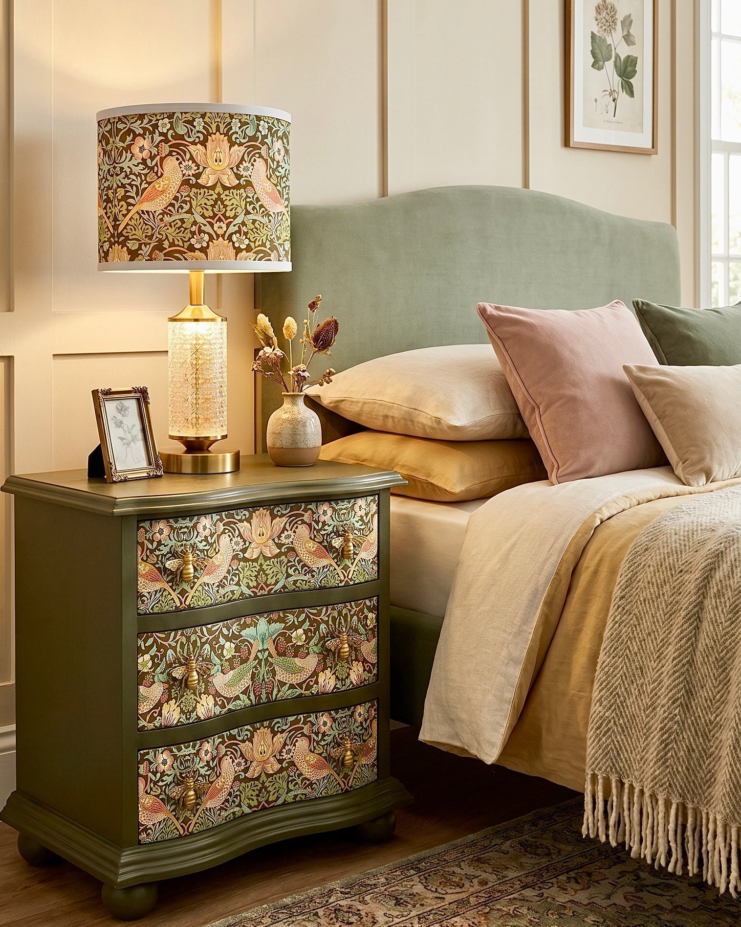 The Sanderé Botanical Bird Nightstand | Hand-Finished Three-Drawer Bedside Table