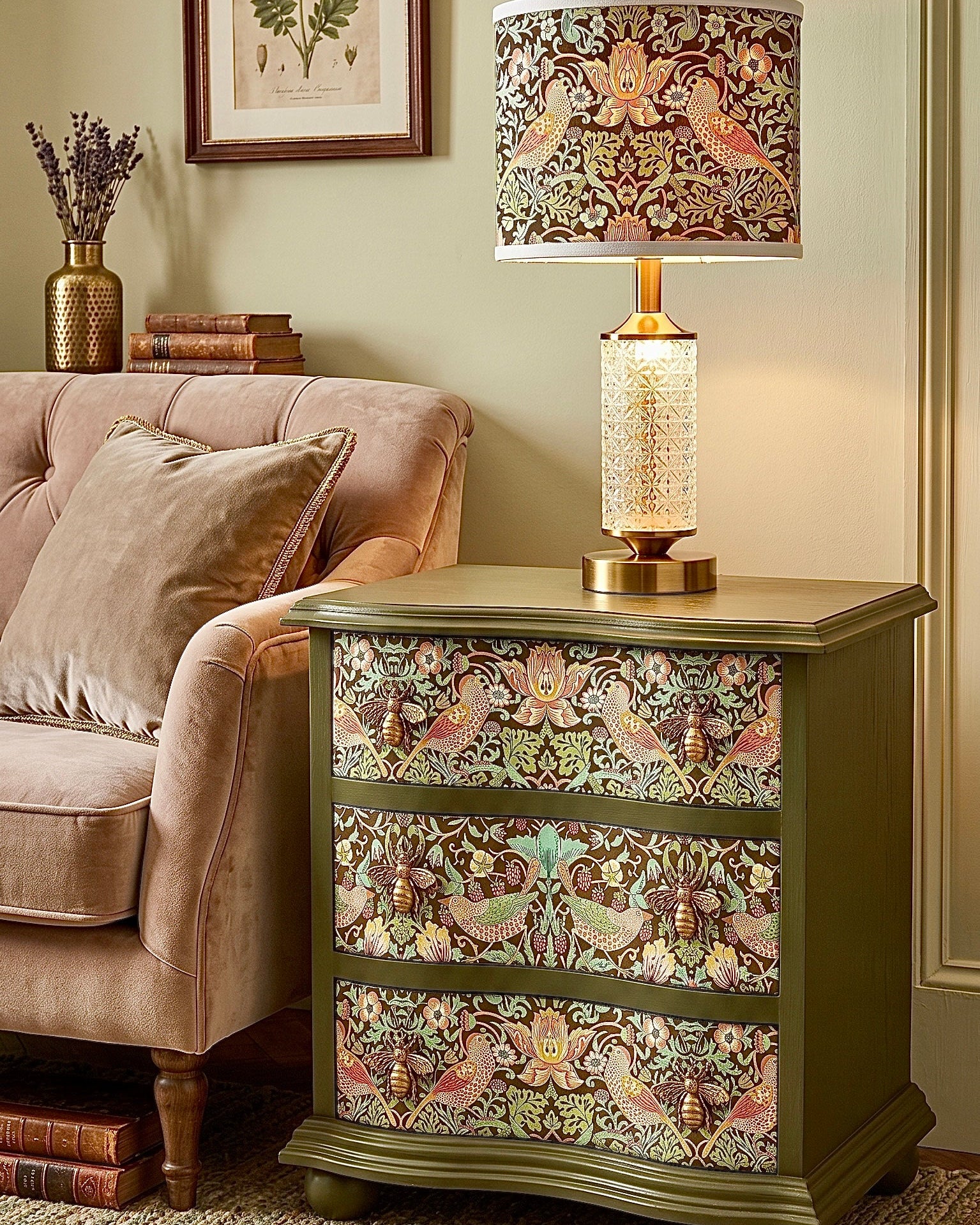 The Sanderé Botanical Bird Nightstand | Hand-Finished Three-Drawer Bedside Table