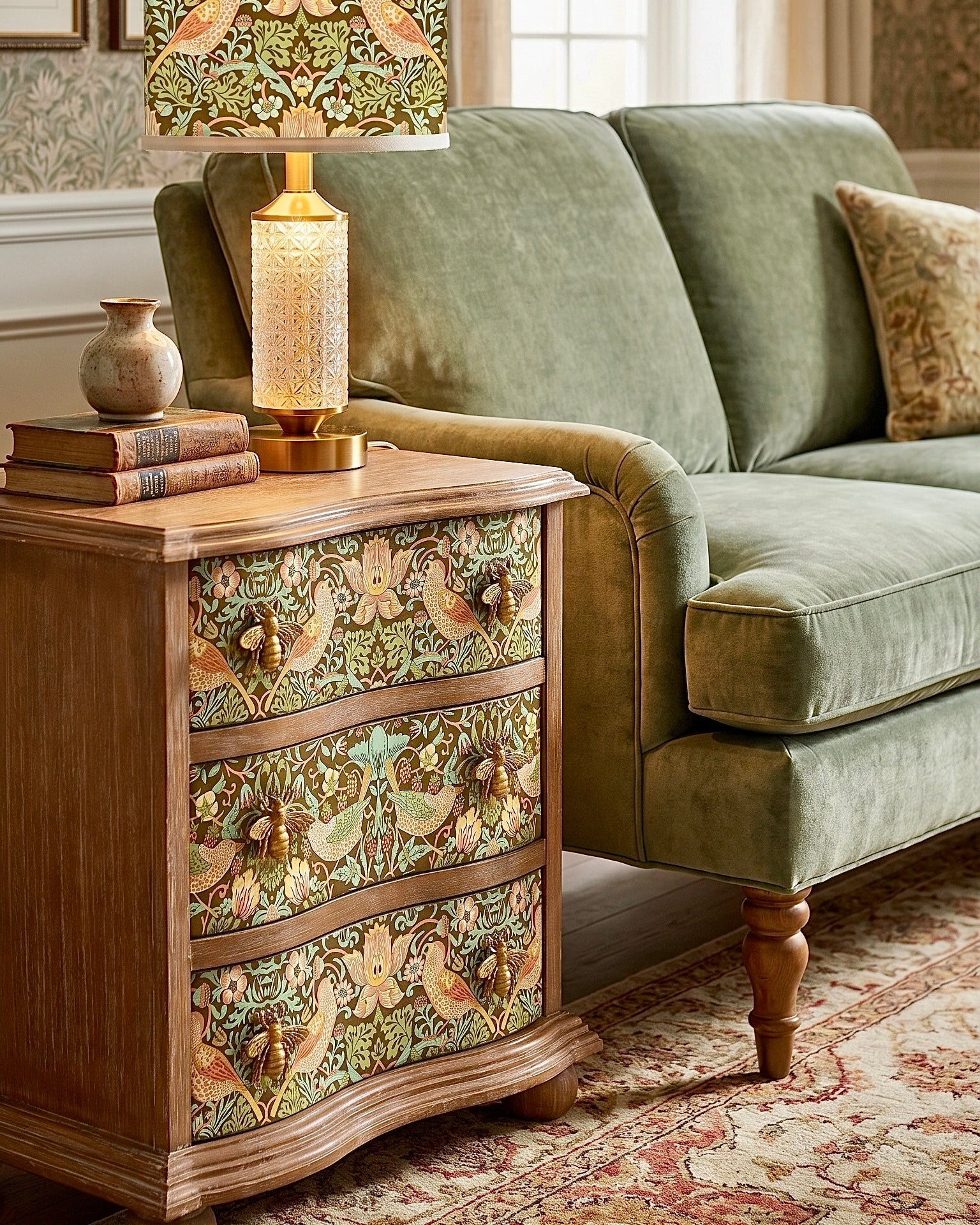 The Sanderé Botanical Bird Nightstand | Hand-Finished Three-Drawer Bedside Table