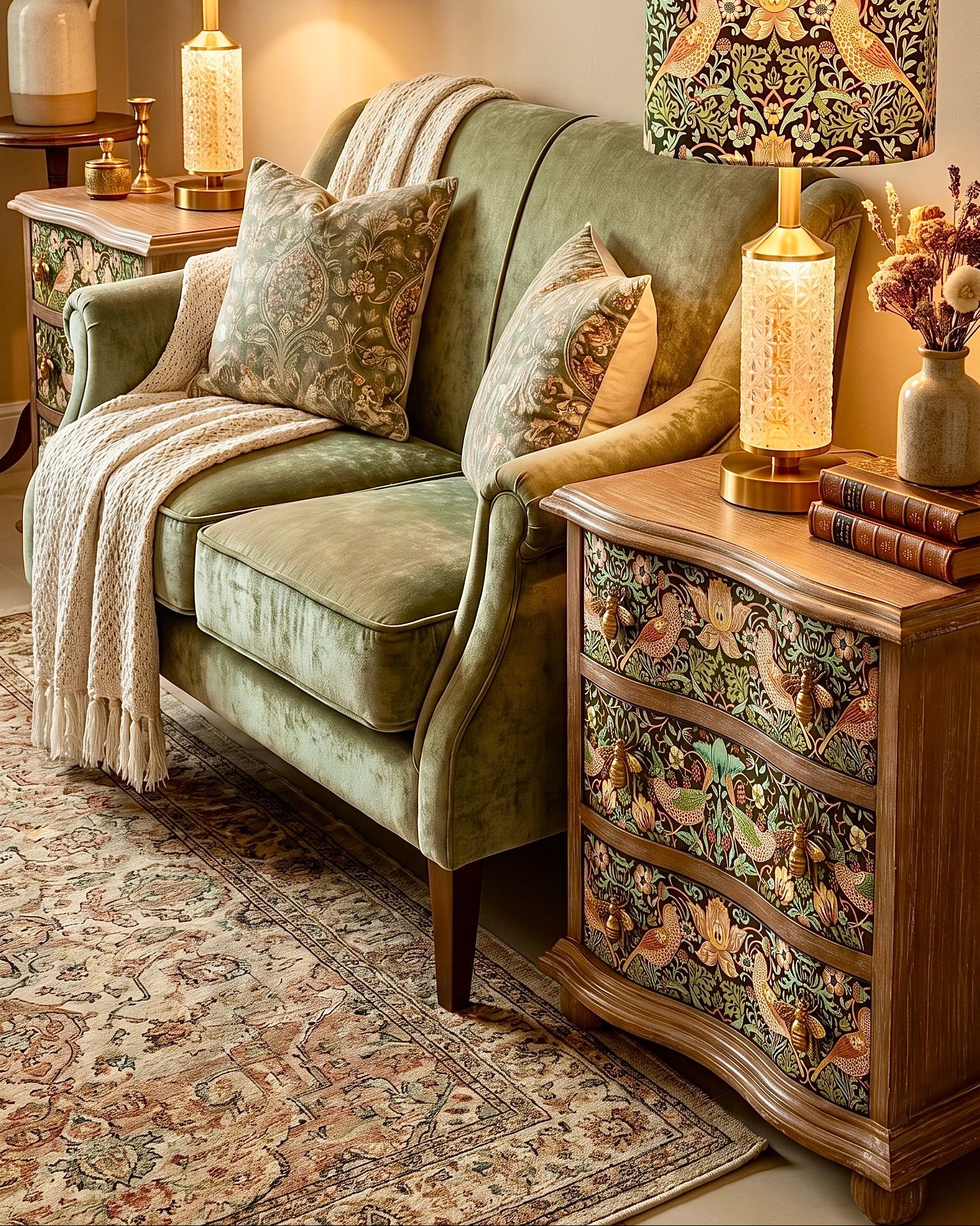 The Sanderé Botanical Bird Nightstand | Hand-Finished Three-Drawer Bedside Table