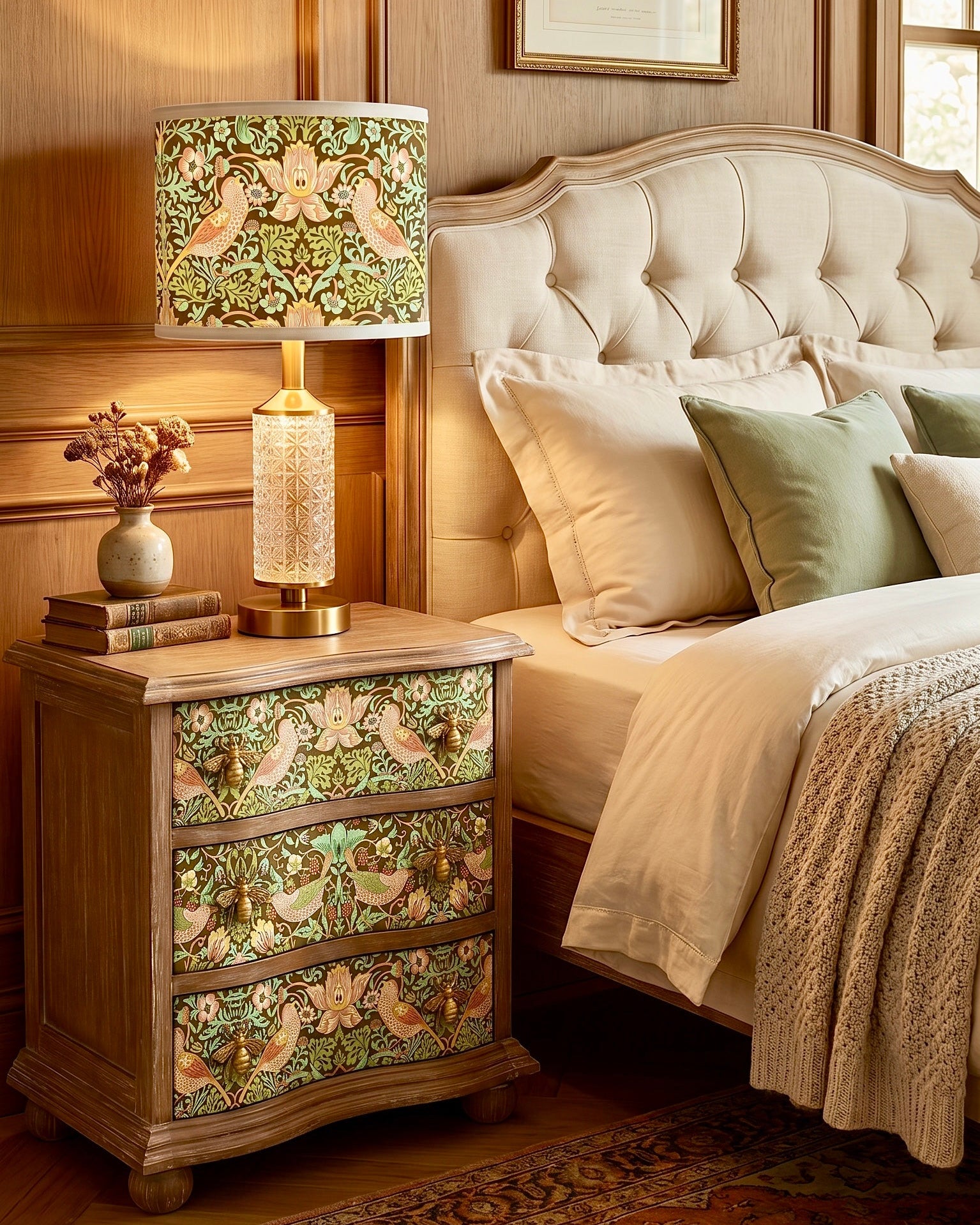 The Sanderé Botanical Bird Nightstand | Hand-Finished Three-Drawer Bedside Table