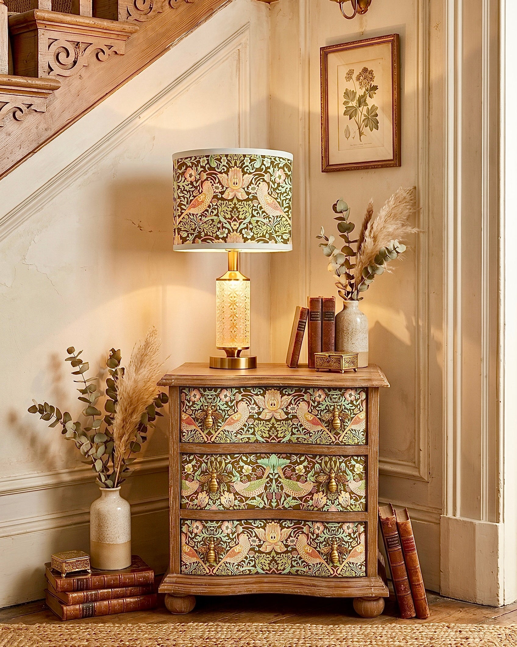 The Sanderé Botanical Bird Nightstand | Hand-Finished Three-Drawer Bedside Table