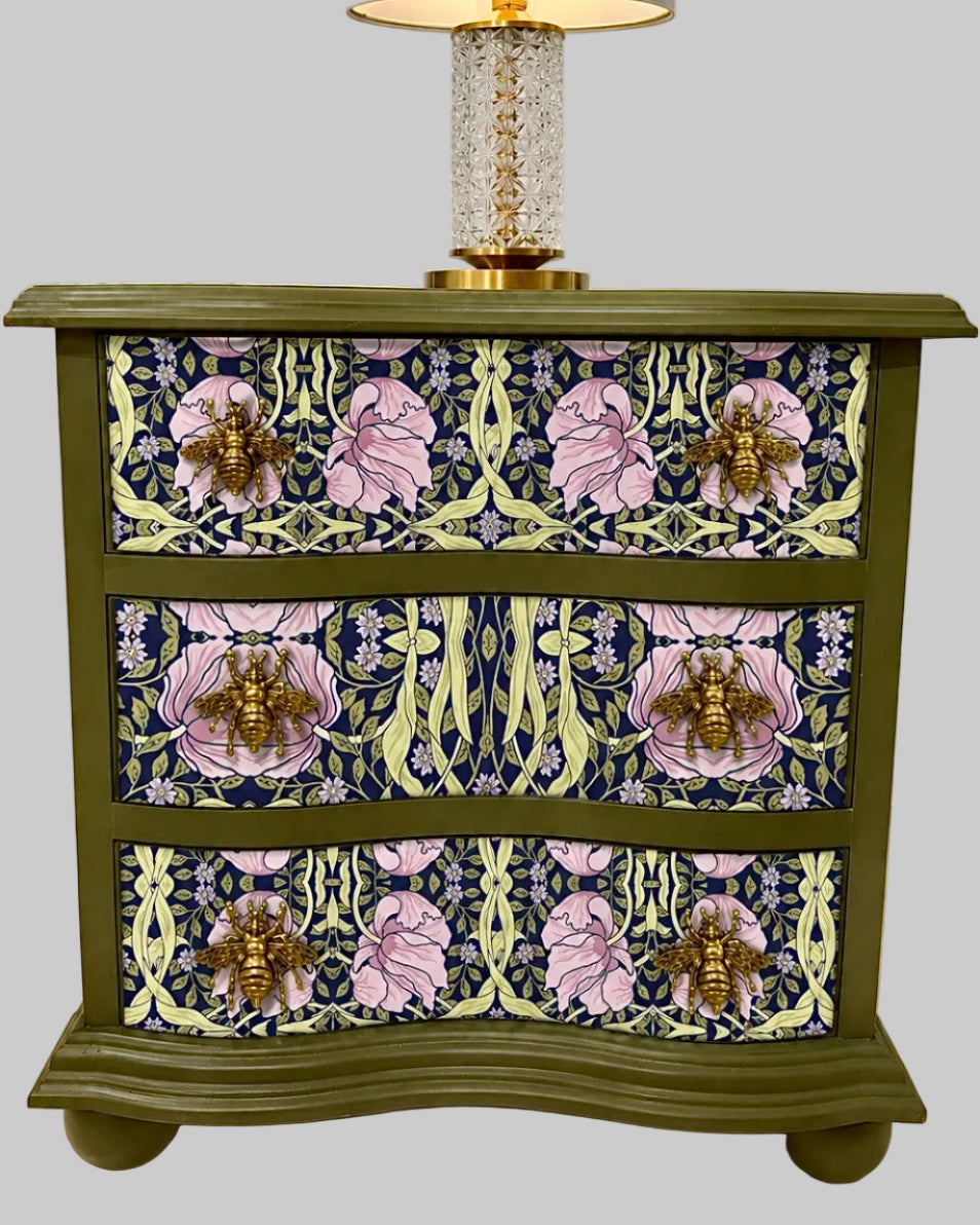 The Sanderé Violet Garden Nightstand | Hand-Finished Three-Drawer Bedside Table