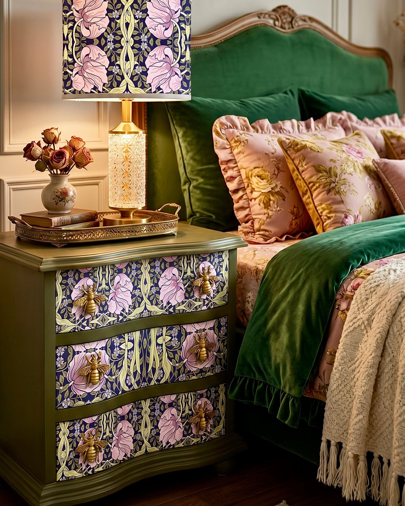 The Sanderé Violet Garden Nightstand | Hand-Finished Three-Drawer Bedside Table