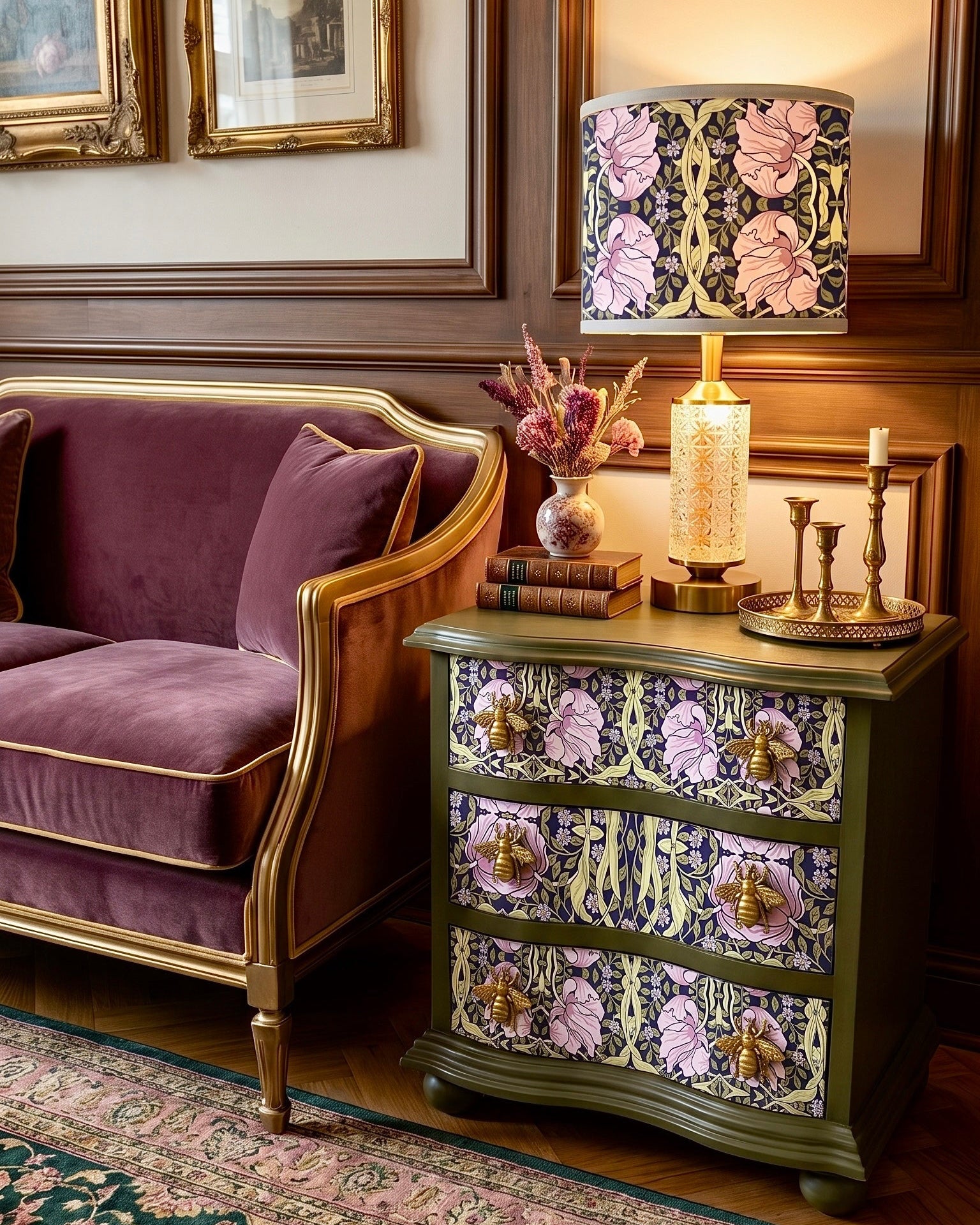 The Sanderé Violet Garden Nightstand | Hand-Finished Three-Drawer Bedside Table