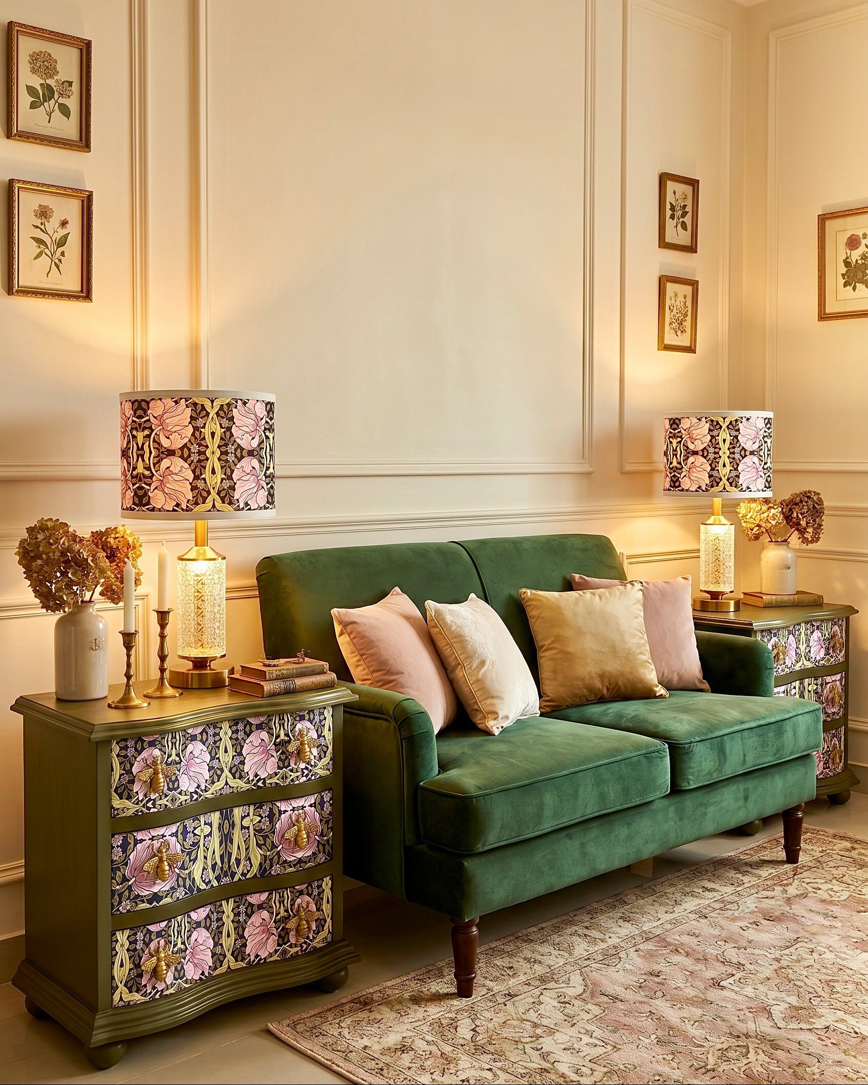 The Sanderé Violet Garden Nightstand | Hand-Finished Three-Drawer Bedside Table