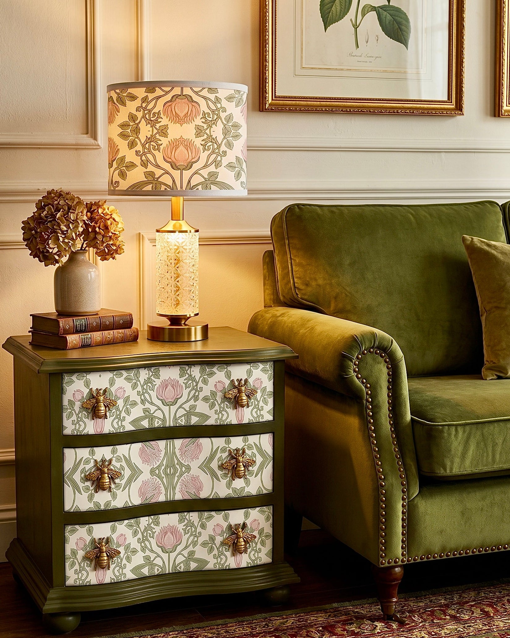 The Sanderé Cottage Bloom Nightstand | Hand-Finished Three-Drawer Bedside Table