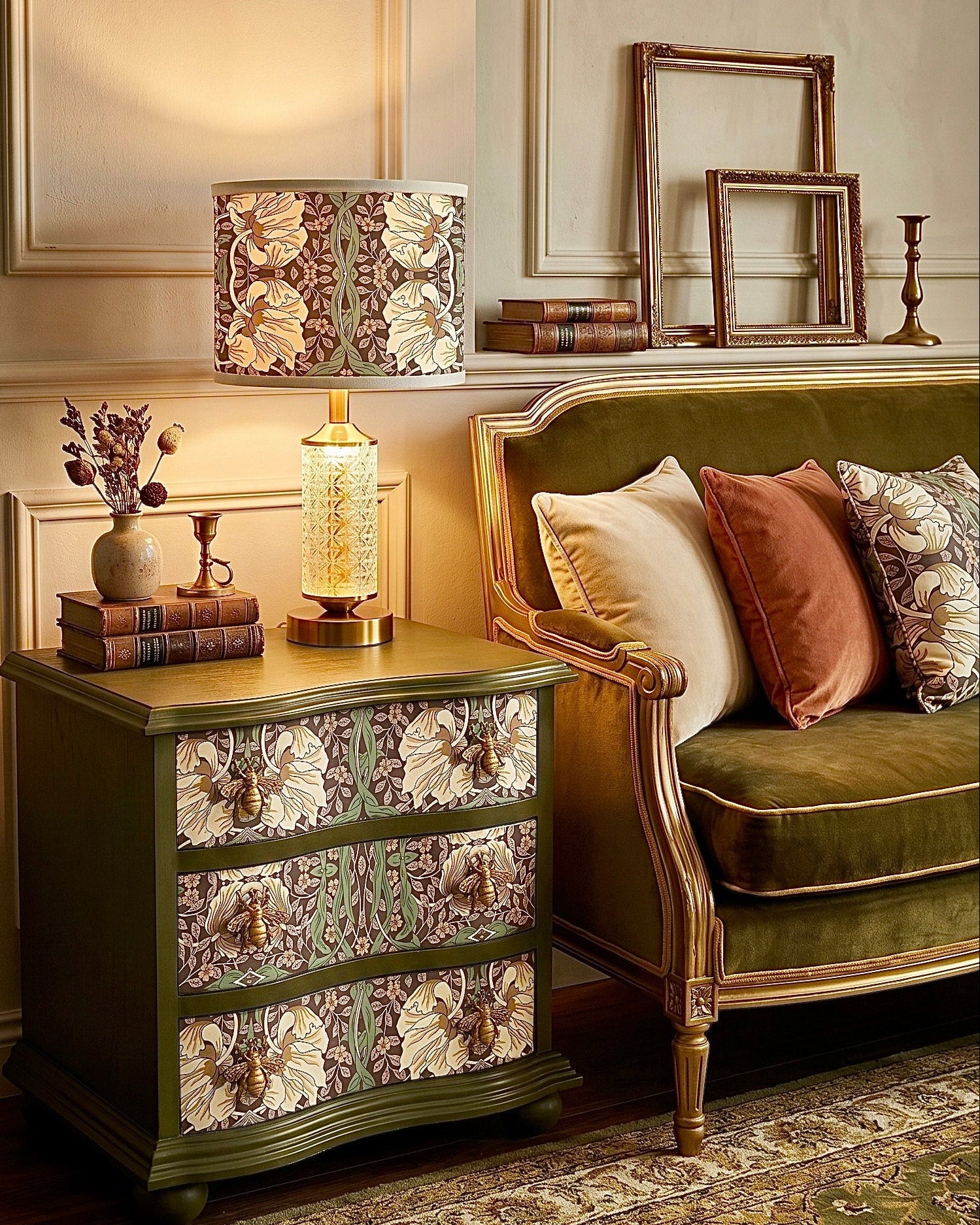 The Sanderé Honey Bloom Nightstand | Hand-Finished Three-Drawer Bedside Table