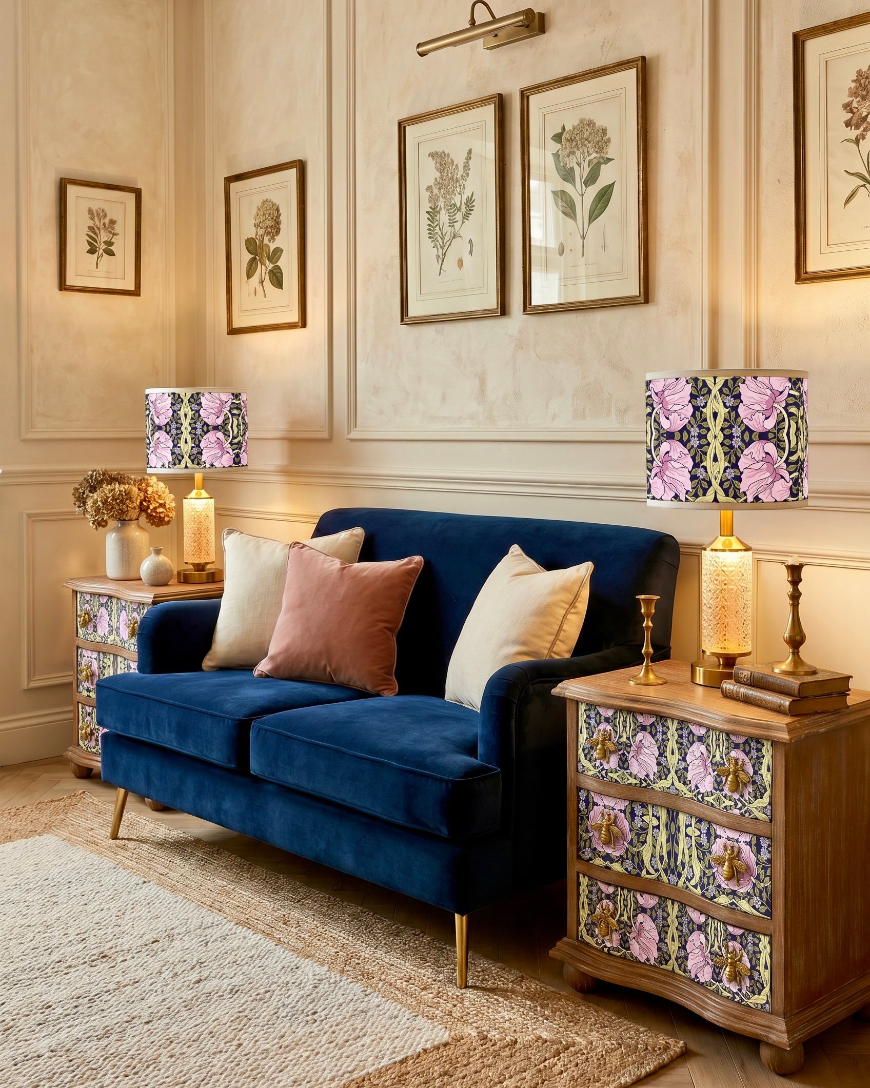 The Sanderé Violet Garden Nightstand | Hand-Finished Three-Drawer Bedside Table