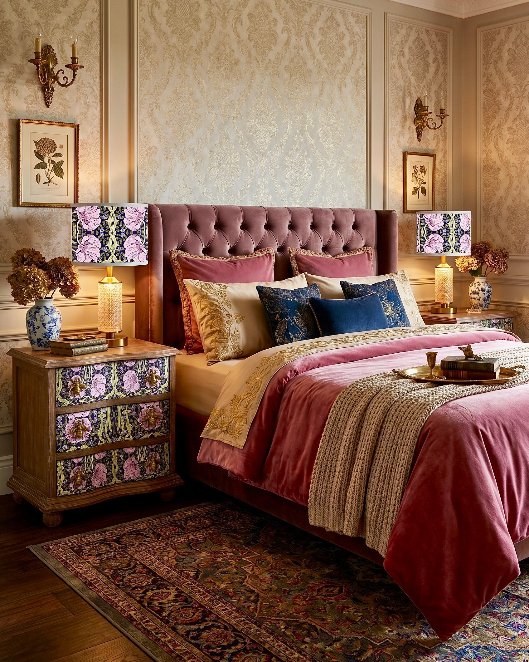 The Sanderé Violet Garden Nightstand | Hand-Finished Three-Drawer Bedside Table