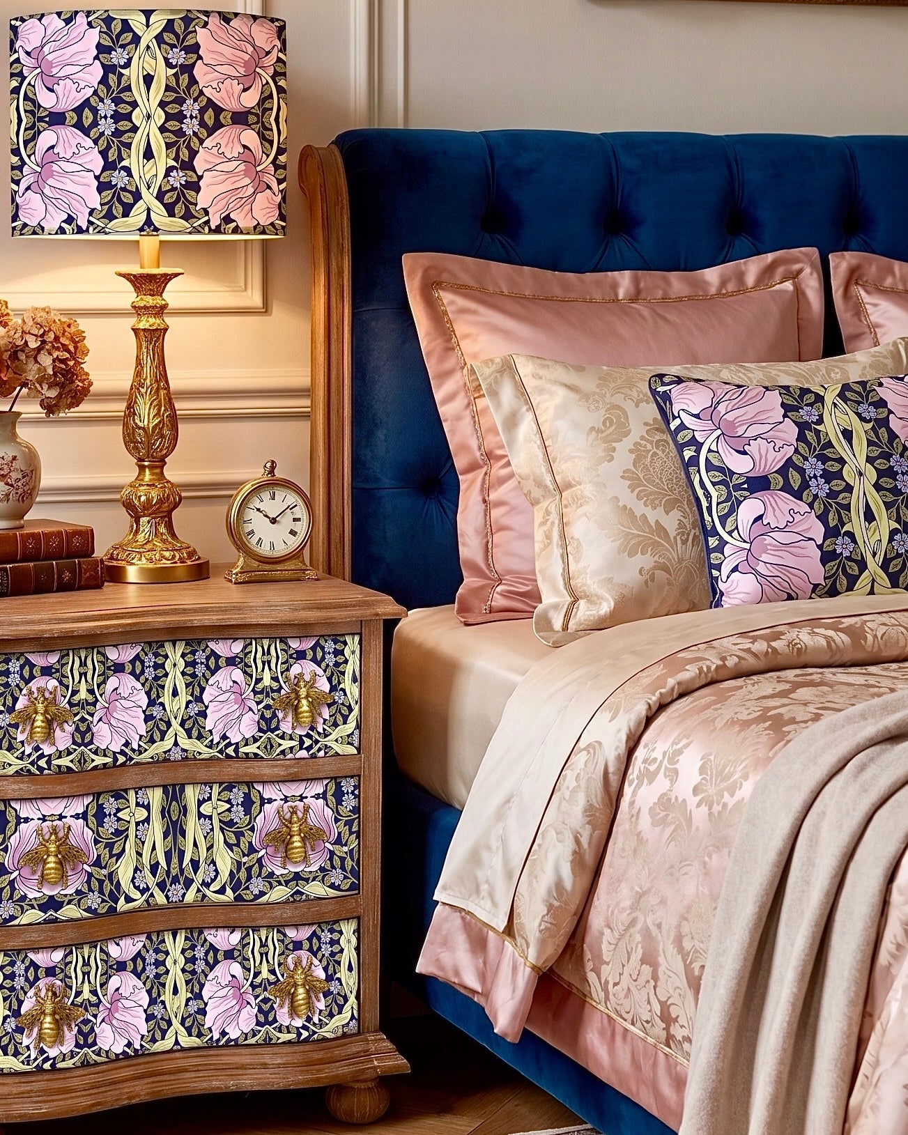The Sanderé Violet Garden Nightstand | Hand-Finished Three-Drawer Bedside Table
