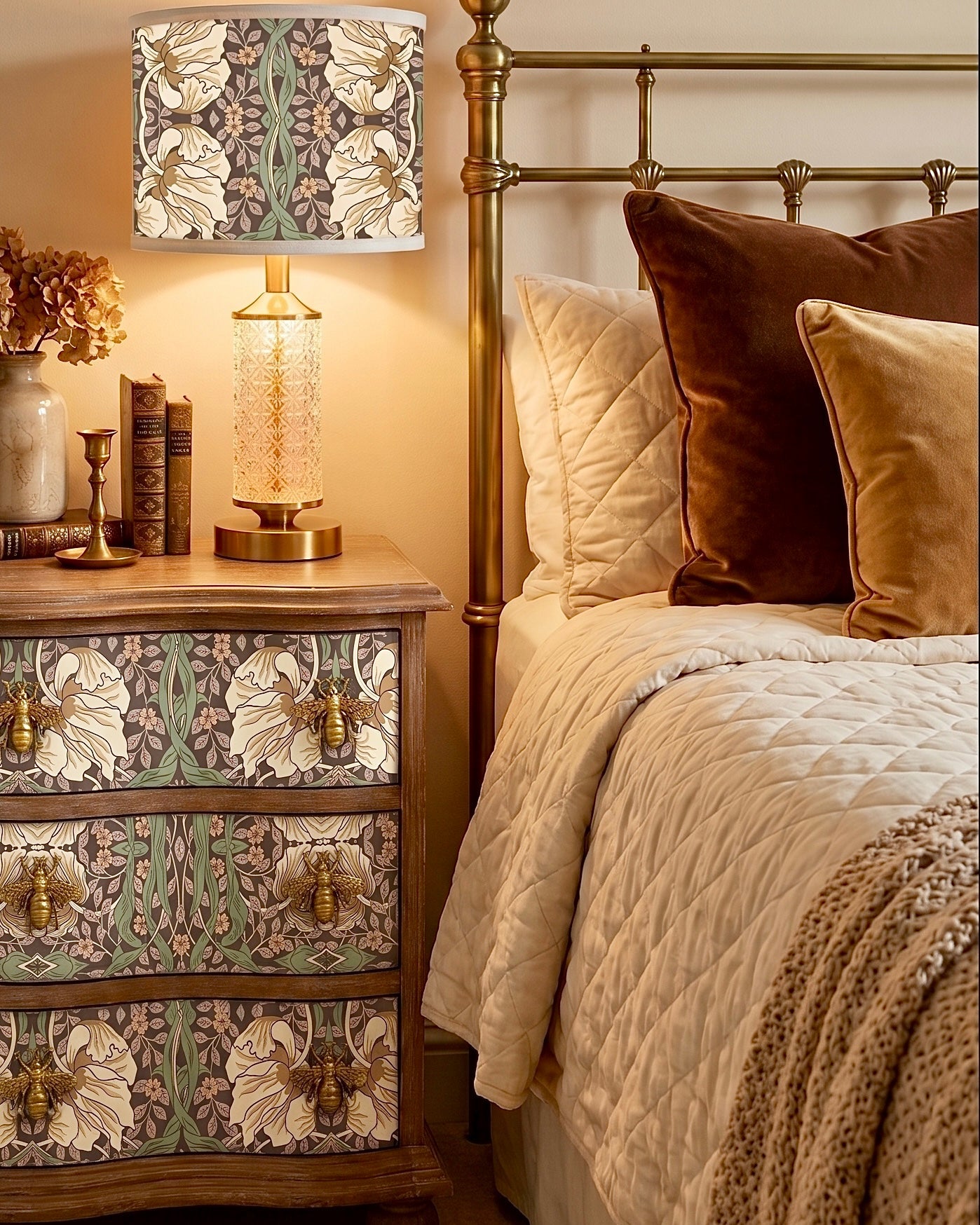 The Sanderé Honey Bloom Nightstand | Hand-Finished Three-Drawer Bedside Table