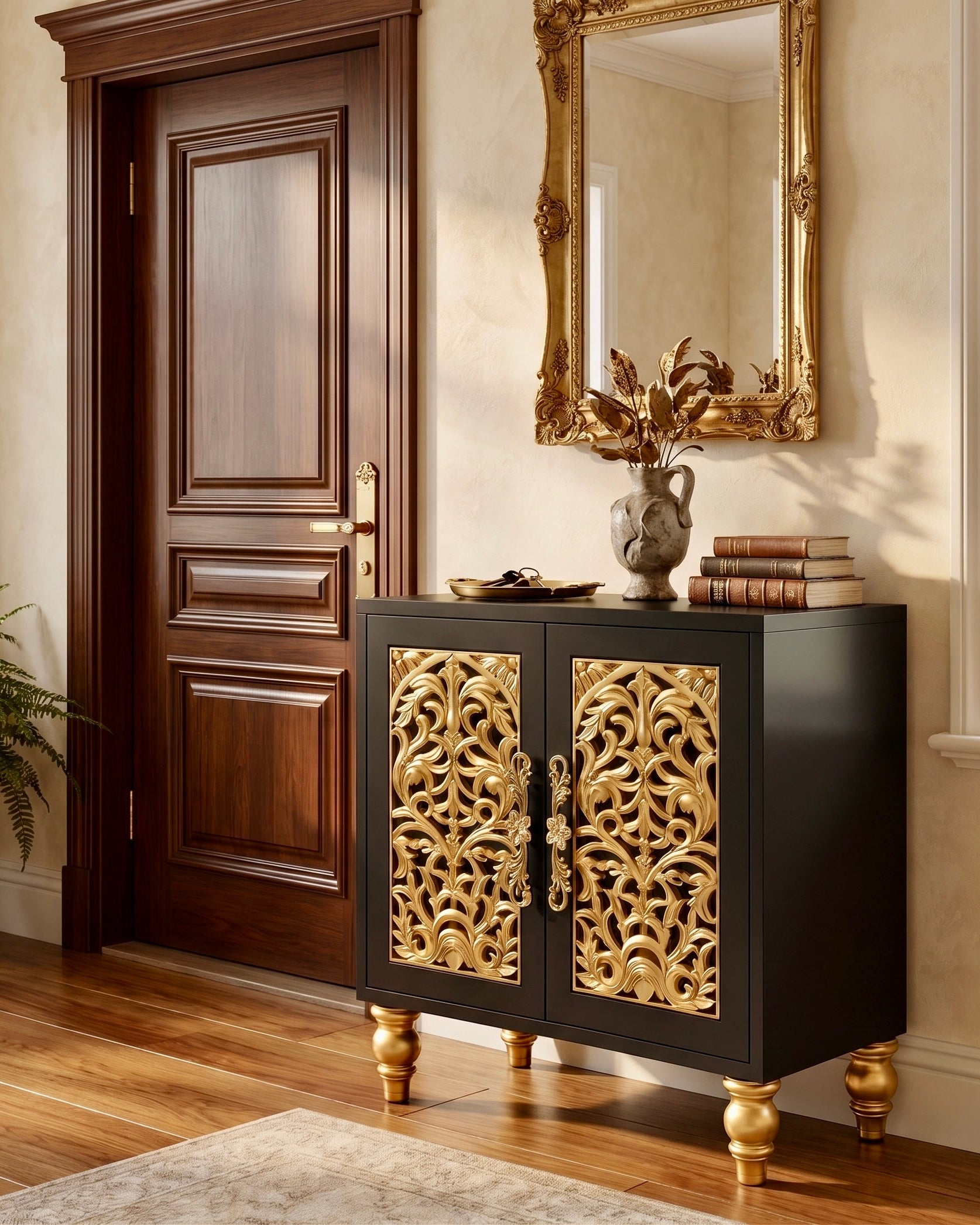 The Sanderé Noir Arc Cabinet | Hand-Finished Carved Accent Cabinet
