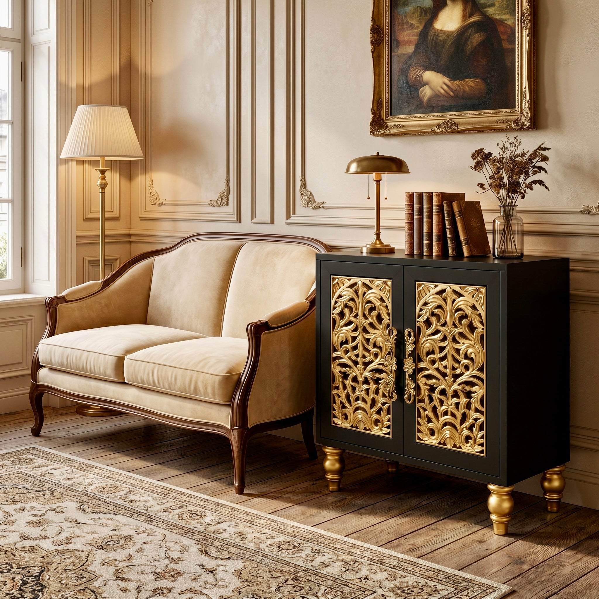 The Sanderé Noir Arc Cabinet | Hand-Finished Carved Accent Cabinet