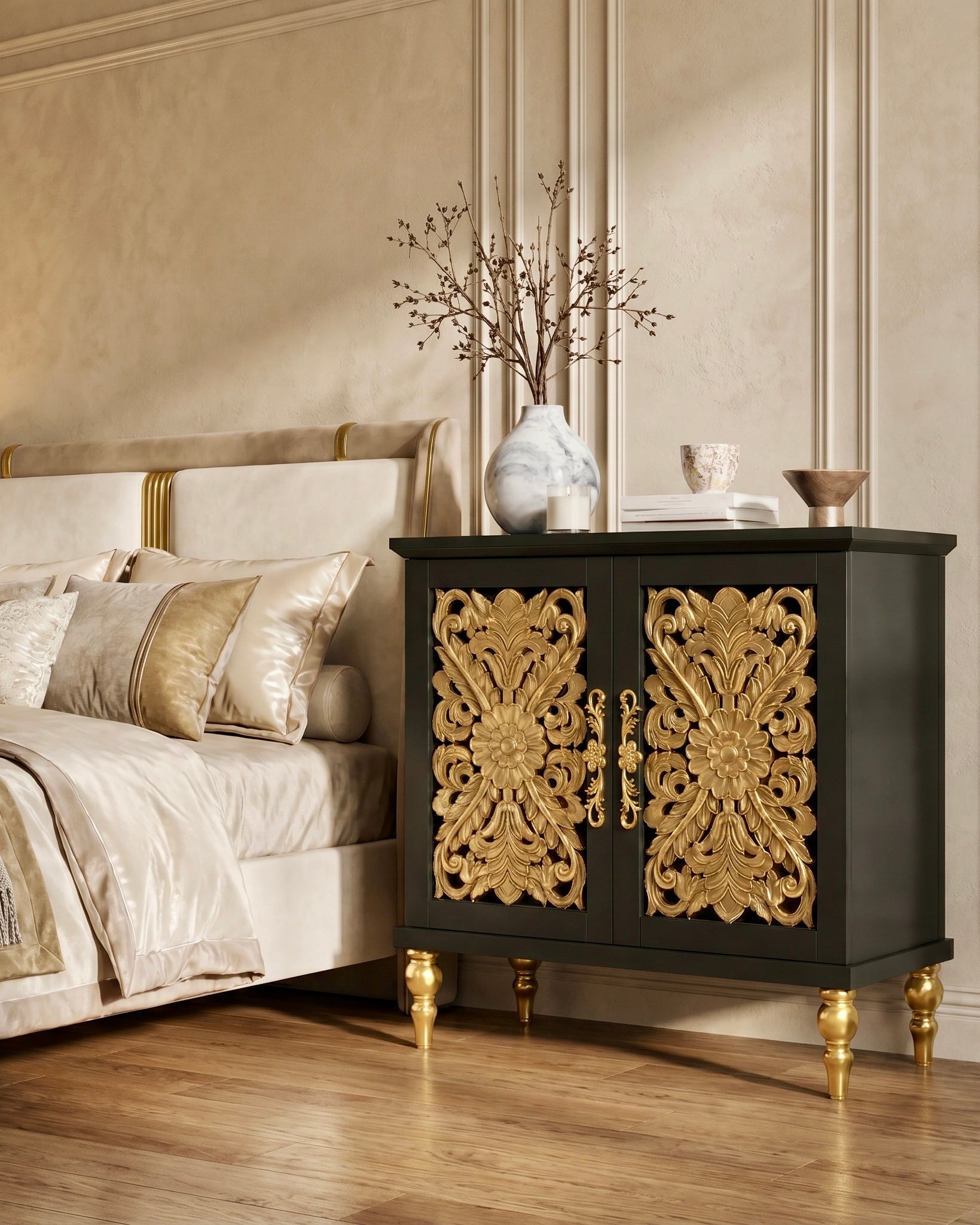 The Sanderé Bloomé Cabinet | Hand-Finished Hollow Carved Accent Cabinet