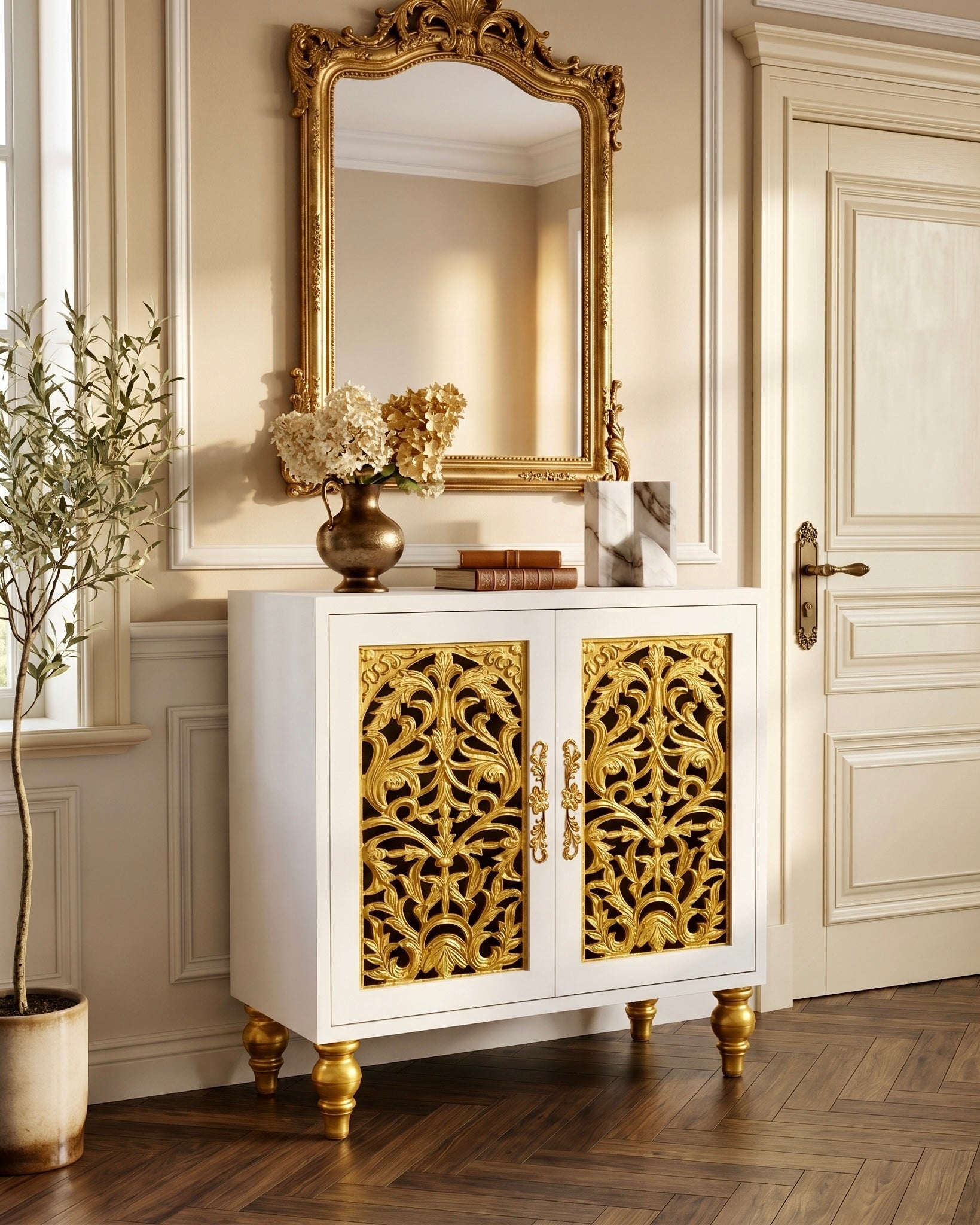 The Sanderé Noir Arc Cabinet | Hand-Finished Carved Accent Cabinet