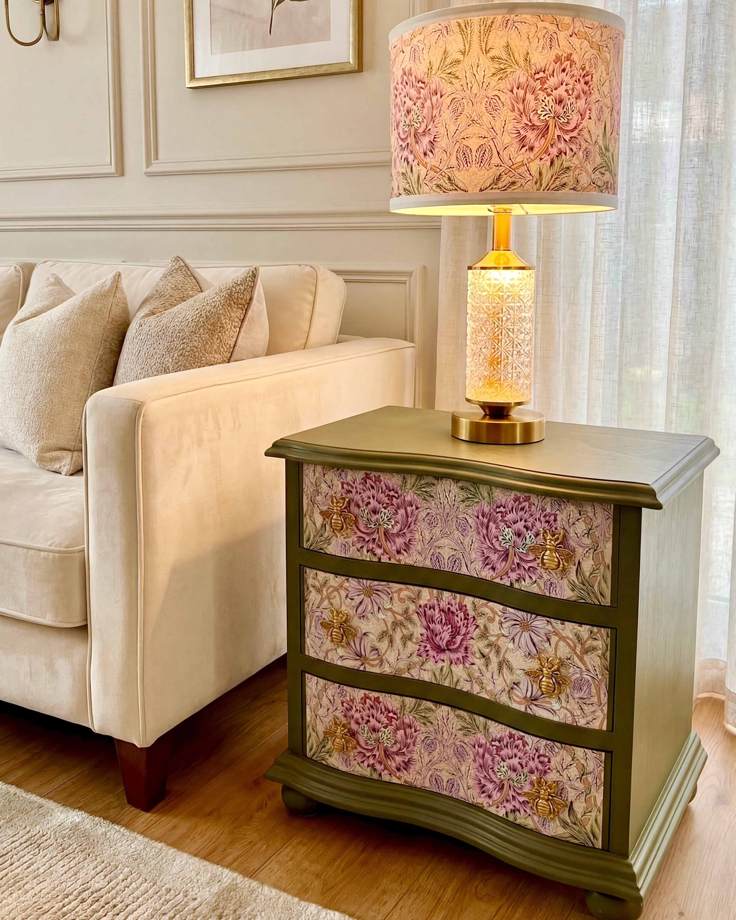 The Sanderé Vintage Bloom Nightstand | Hand-Finished Three-Drawer Bedside Table