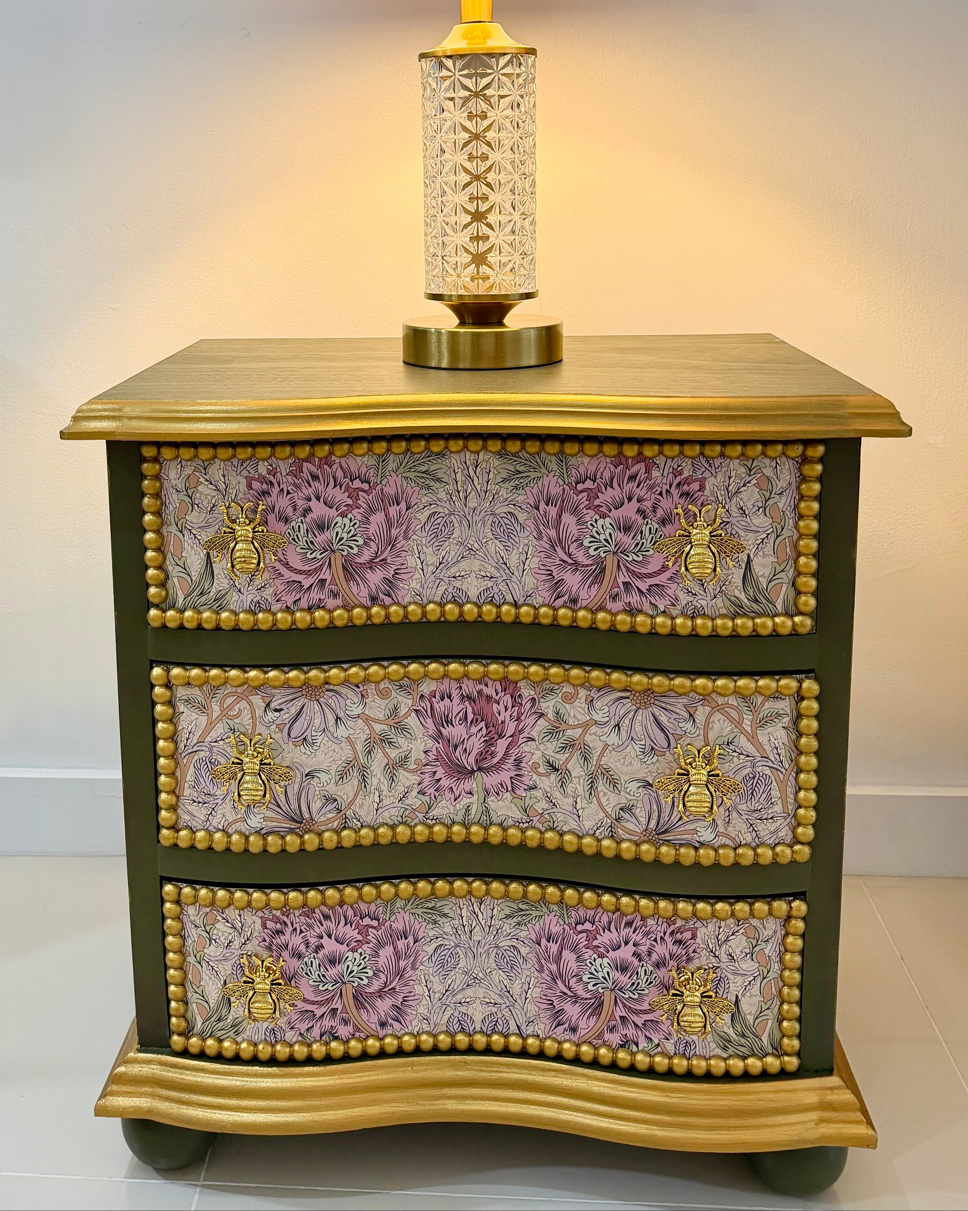 The Sanderé Honeywing Nightstand | Hand-Finished Three-Drawer Bedside Table
