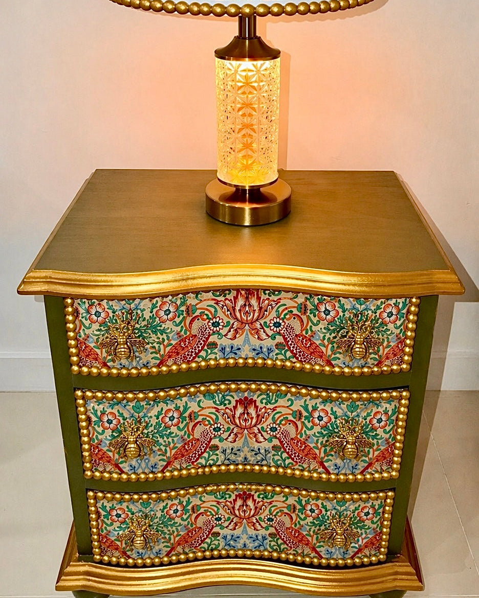 The Sanderé Goldenwing Nightstand | Hand-Finished Three-Drawer Bedside Table