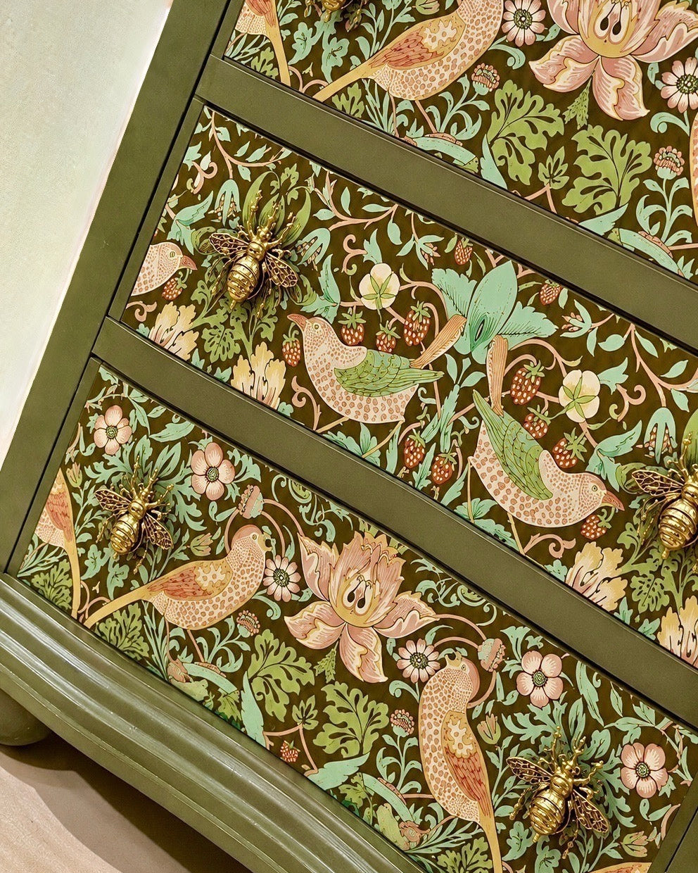 The Sanderé Botanical Bird Nightstand | Hand-Finished Three-Drawer Bedside Table