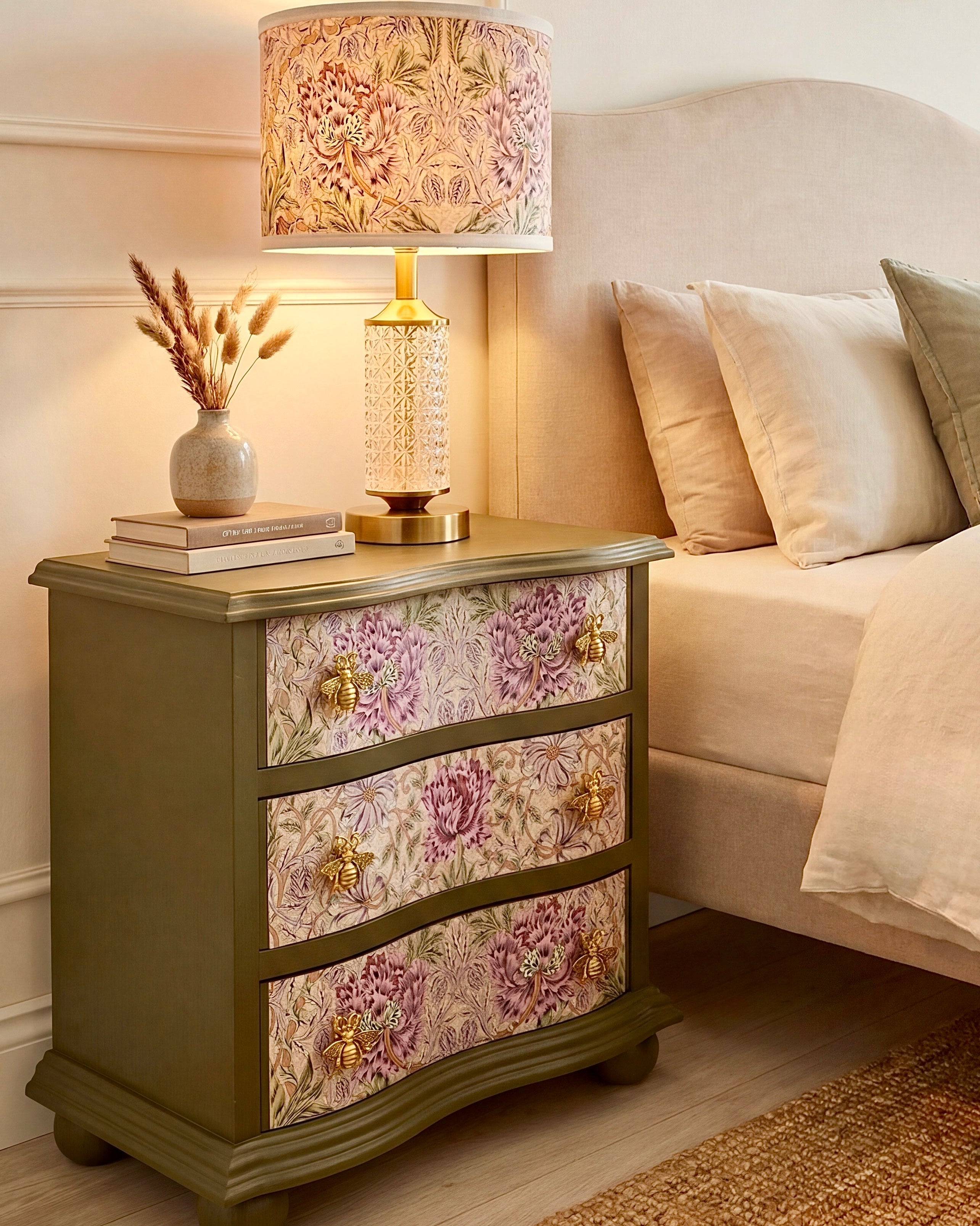 The Sanderé Vintage Bloom Nightstand | Hand-Finished Three-Drawer Bedside Table